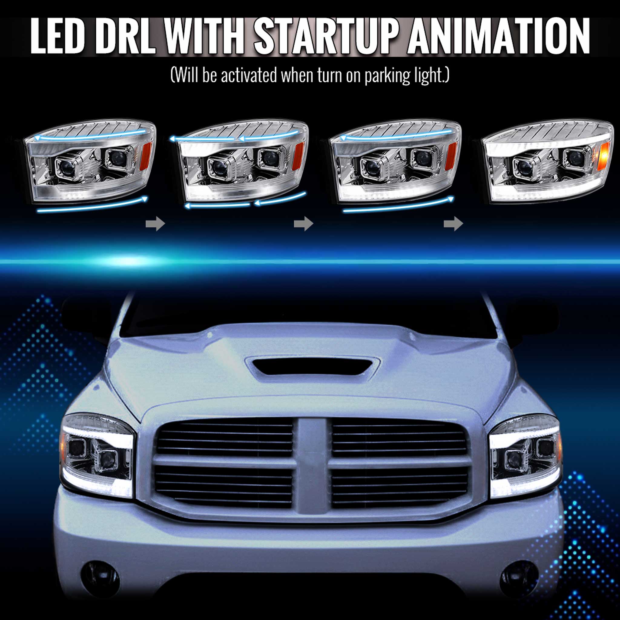 For Dodge RAM 1500 2006-08 / RAM 2500 3500 2006-09 Headlights Switchback LED Strips Turn Signals DRL Chrome Housing Lens