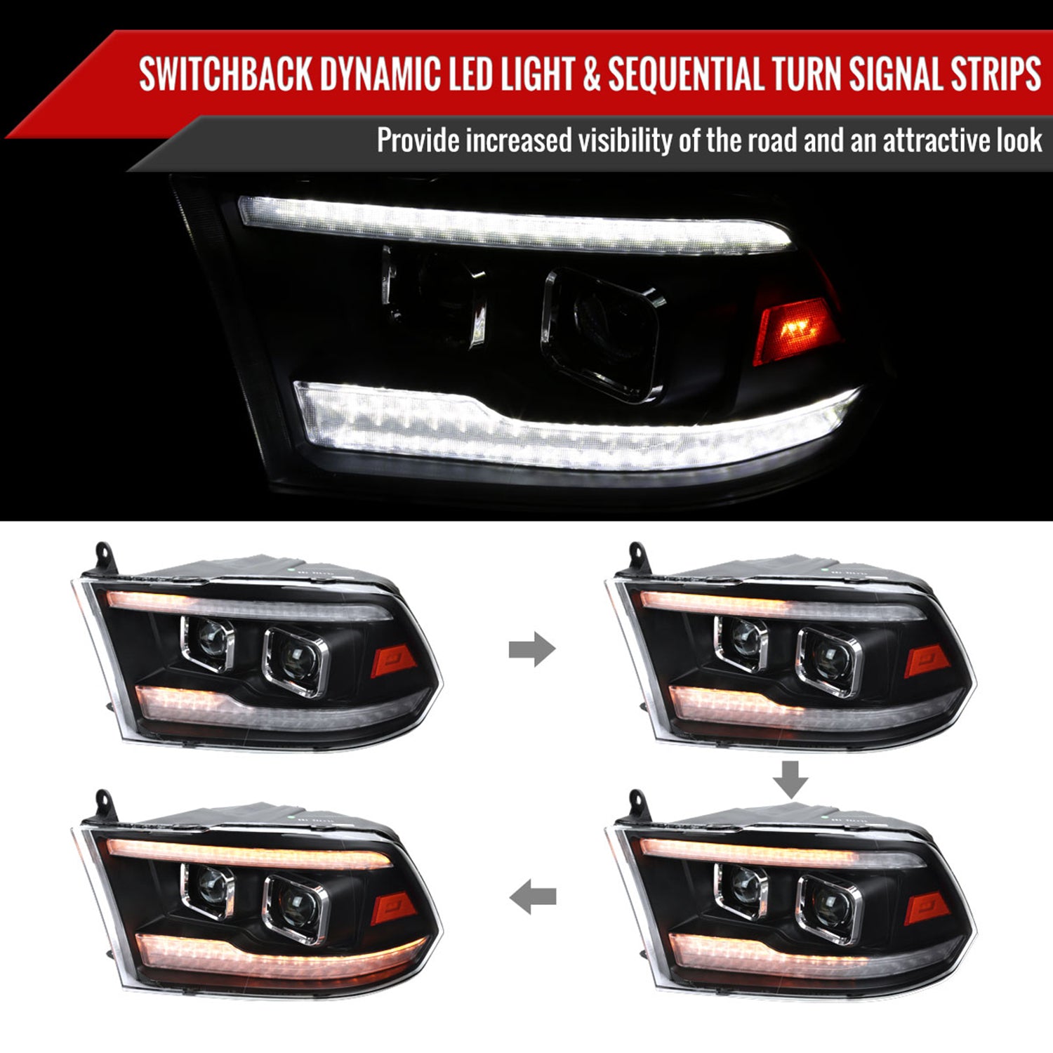 2009-2018 Dodge RAM 1500 / RAM 2500 3500 Switchback Headlights Matte Black