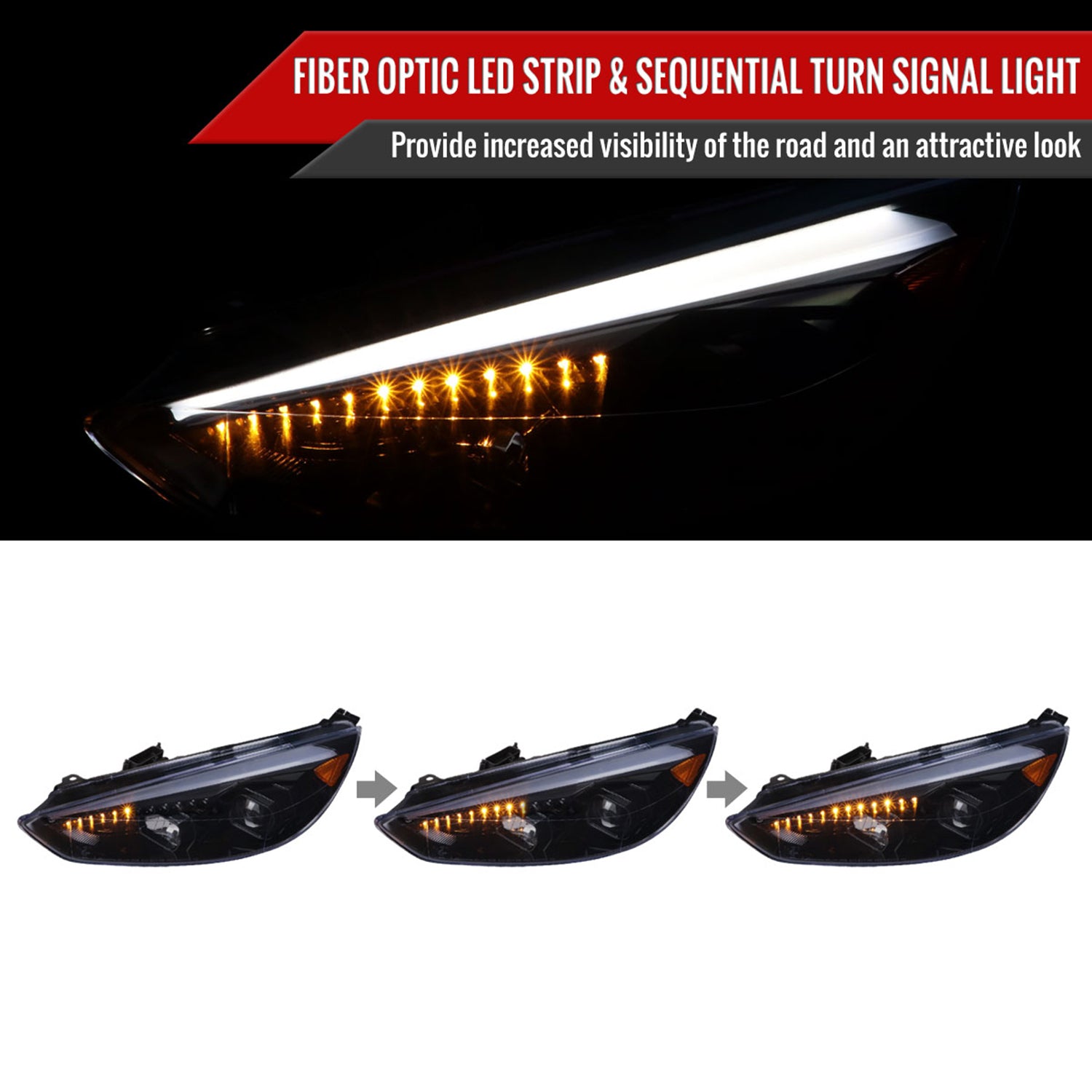 2015-2018 Ford Focus LED Sequential Signal Projector Headlights Black/Smoke