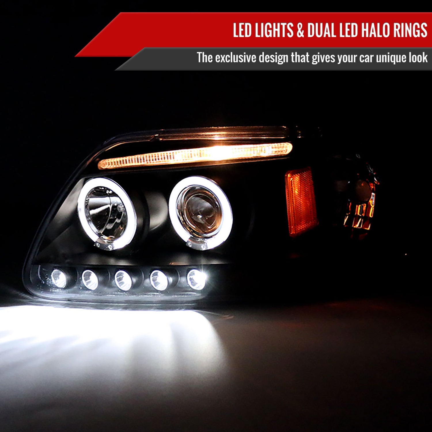 1997-2004 Ford F-150 / 1997-2002 Expedition Dual Halo Projector Headlights Black