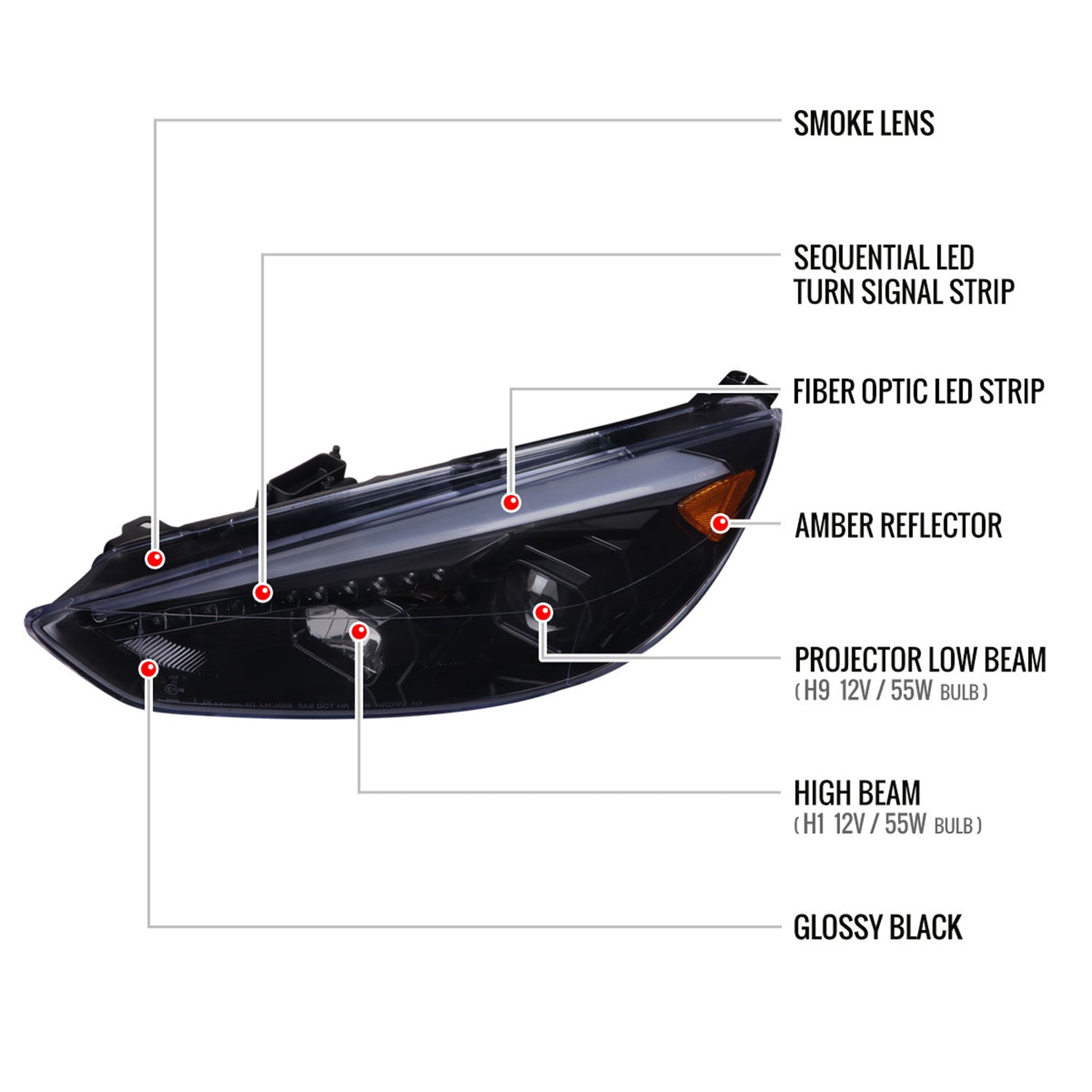 2015-2018 Ford Focus LED Sequential Signal Projector Headlights Black/Smoke