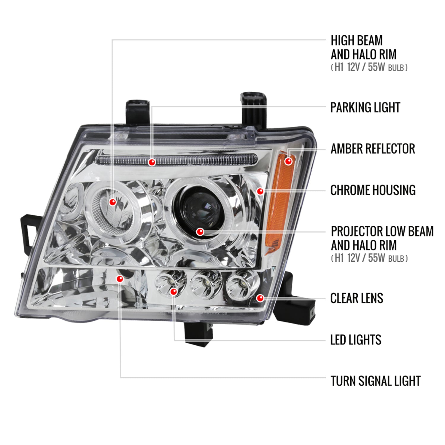 2005-2015 Nissan Xterra Dual Halo Projector Headlights Chrome/Clear Lens