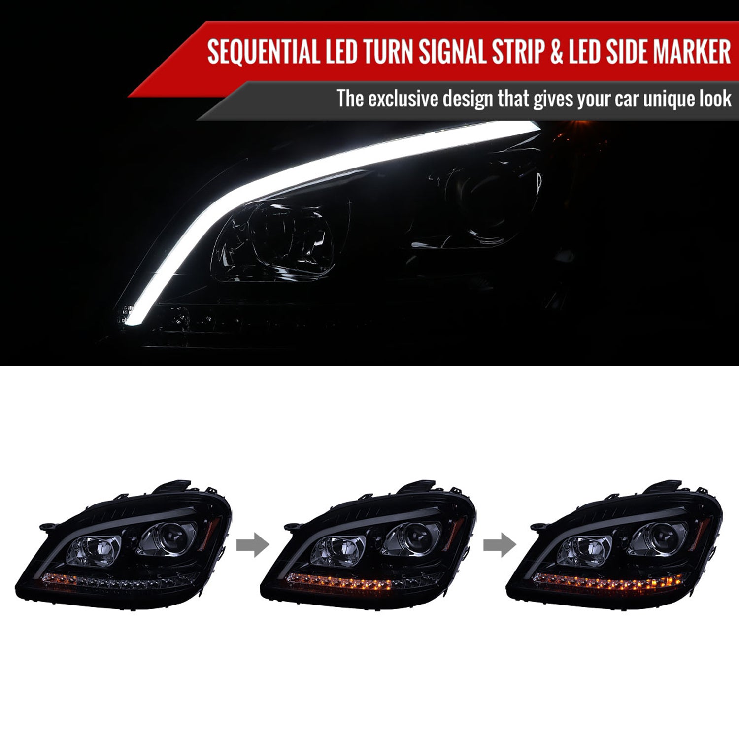 2006-2008 Mercedes Benz W164 ML Class LED Bar Headlights Signal Lights Smoke
