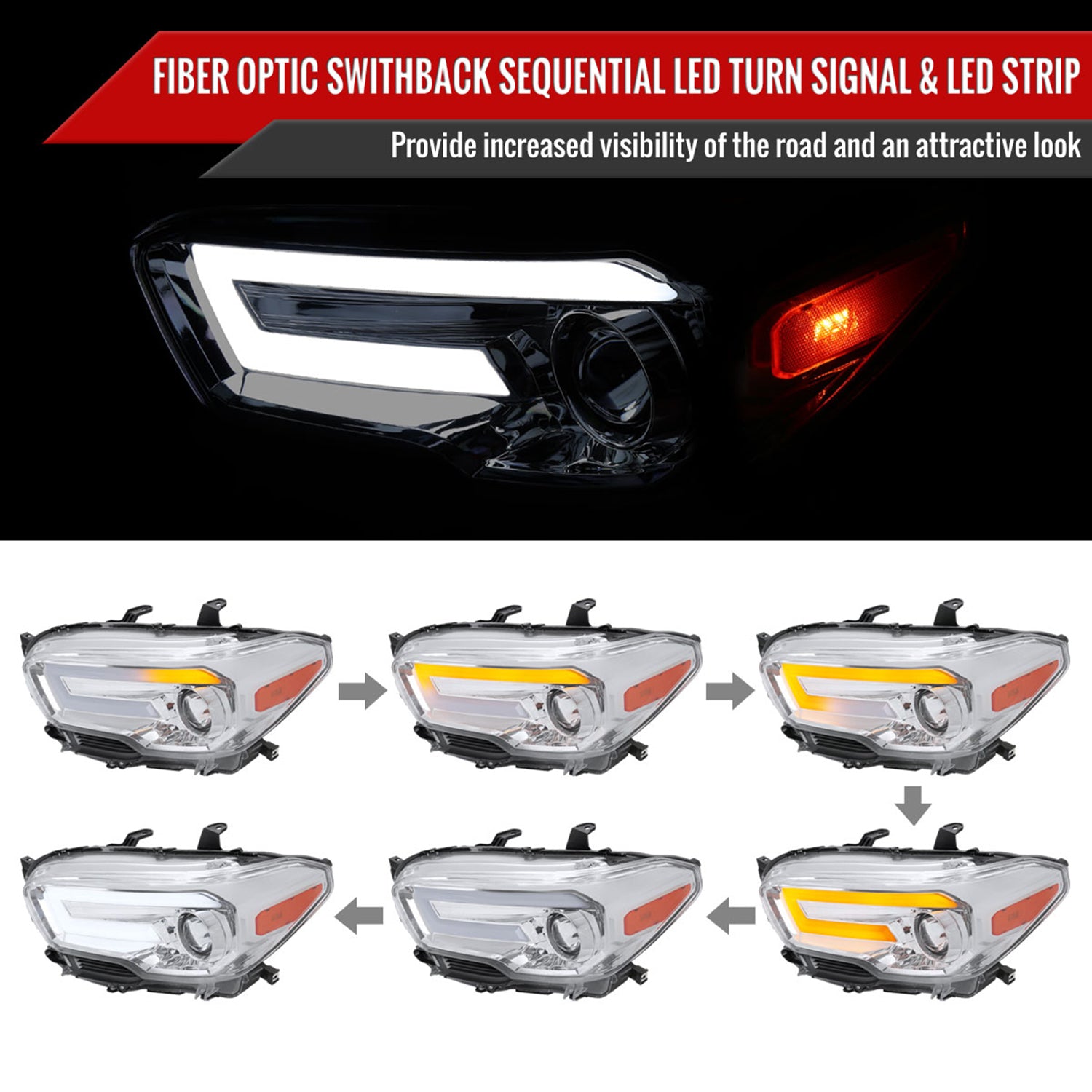2016-2023 Toyota Tacoma Sequential LED Bar Projector Headlights Chrome