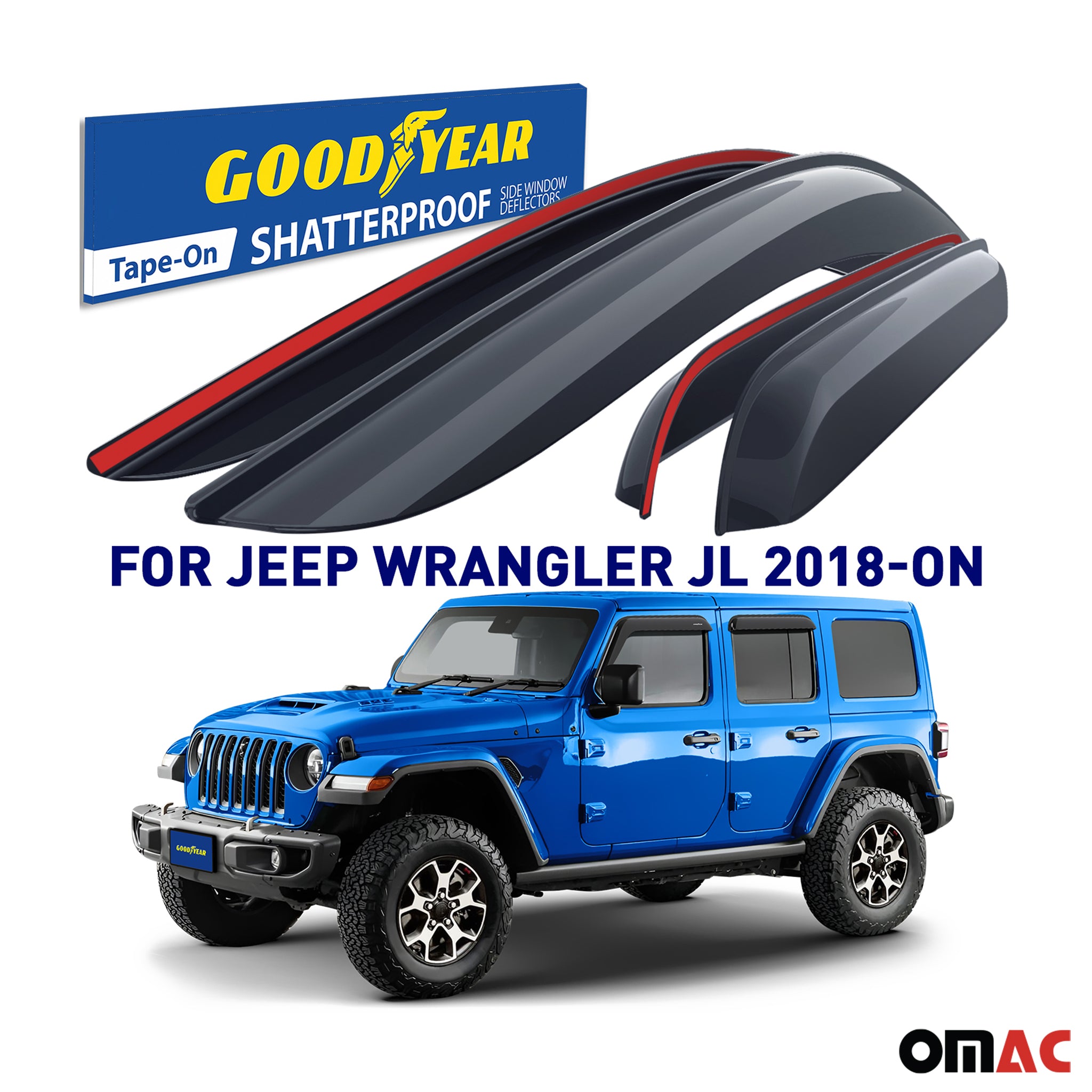 Goodyear Wind Deflectors for Jeep Wrangler 2018-2025 JL Tape-On Premium Smoke 4x