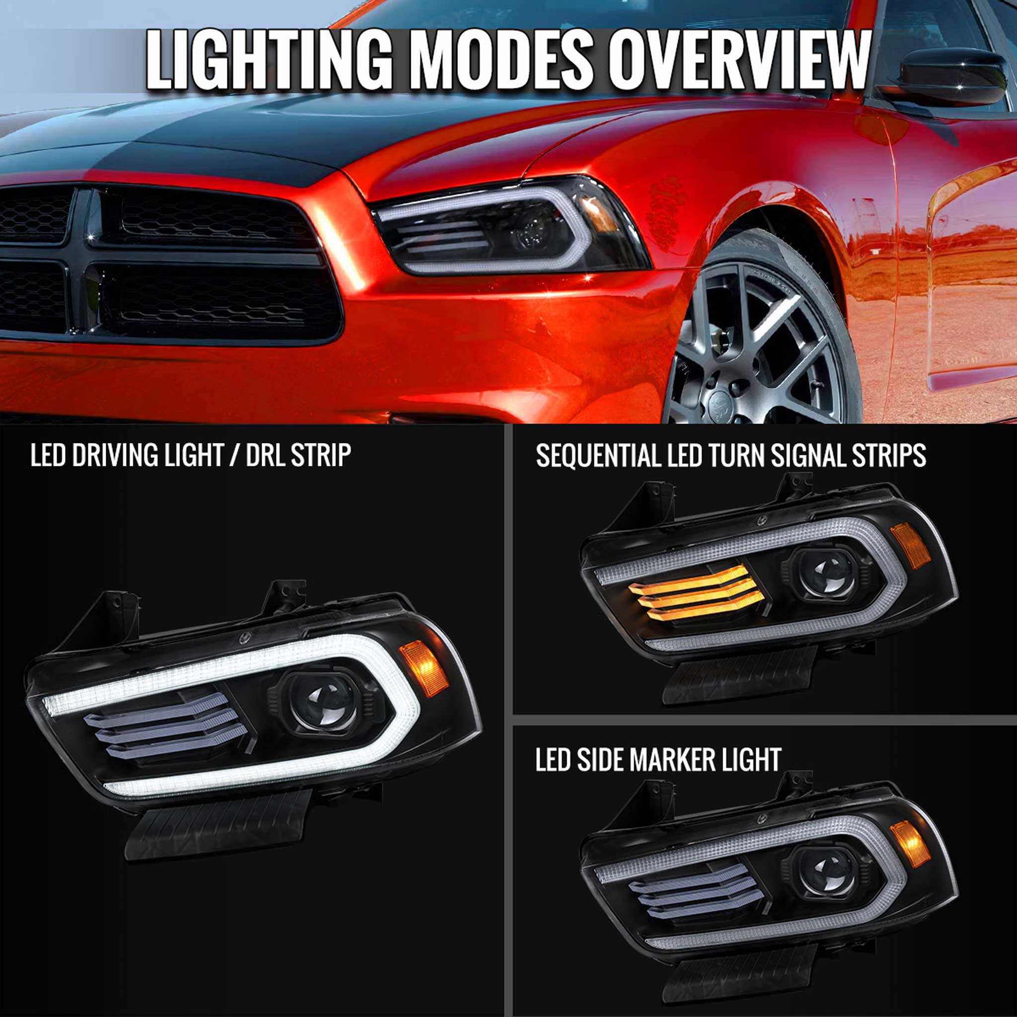 For Dodge Charger 2011-2014 Headlights LED DRL Light Strip Turn Signal Side Marker Black Housing Clear Lens