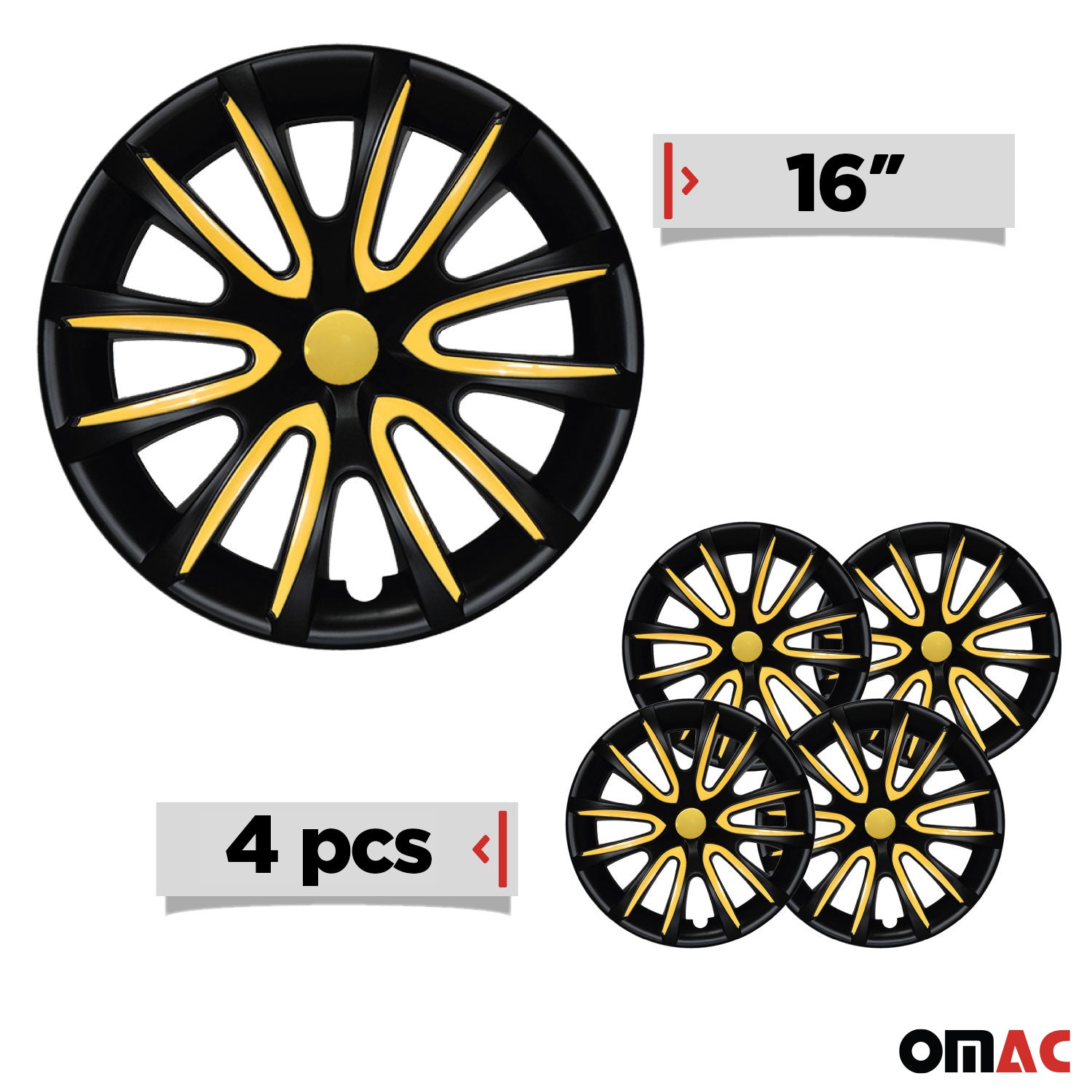 Bicolo Hub Caps Wheel Cover 16" Black Matt & Yellow Full Set 4 pcs.
