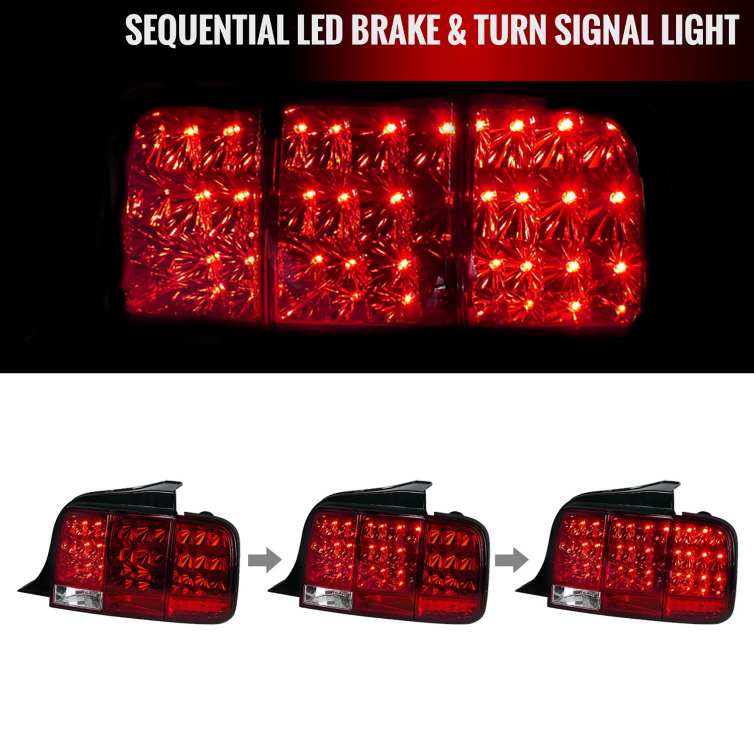 2005-2009 Ford Mustang Sequential LED Tail Lights Chrome Housing/Red Lens