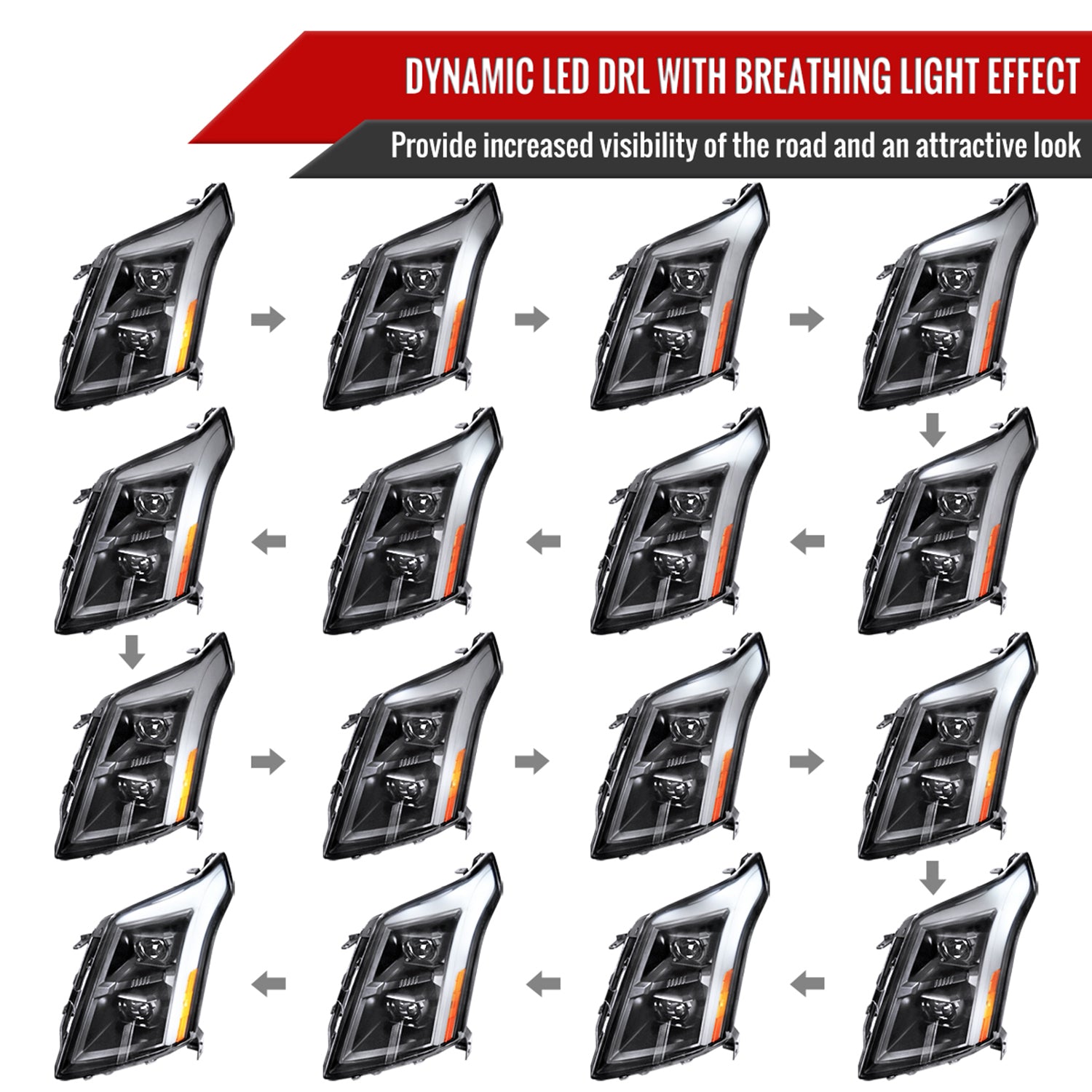 2010-2016 Cadillac SRX Full Sequential LED DRL Projector Headlights Matt Black