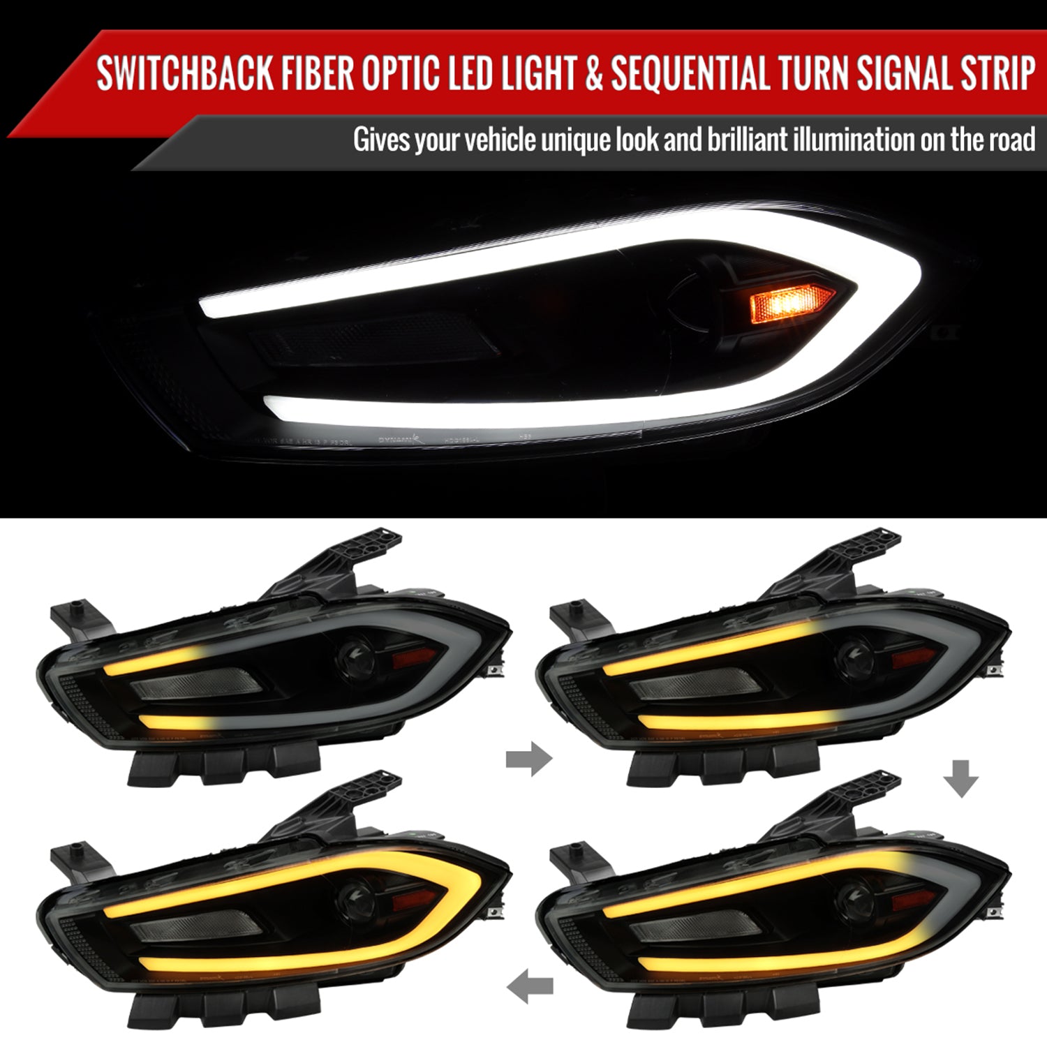 2013-2016 Dodge Dart Sequential Animated LED Bar Projector Headlights Smoke