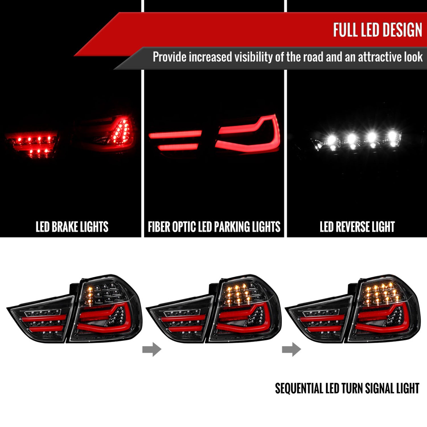 2009-2011 BMW E90 3-Series 4Dr Sedan Red LED Tail Light Jet Black/Clear Lens