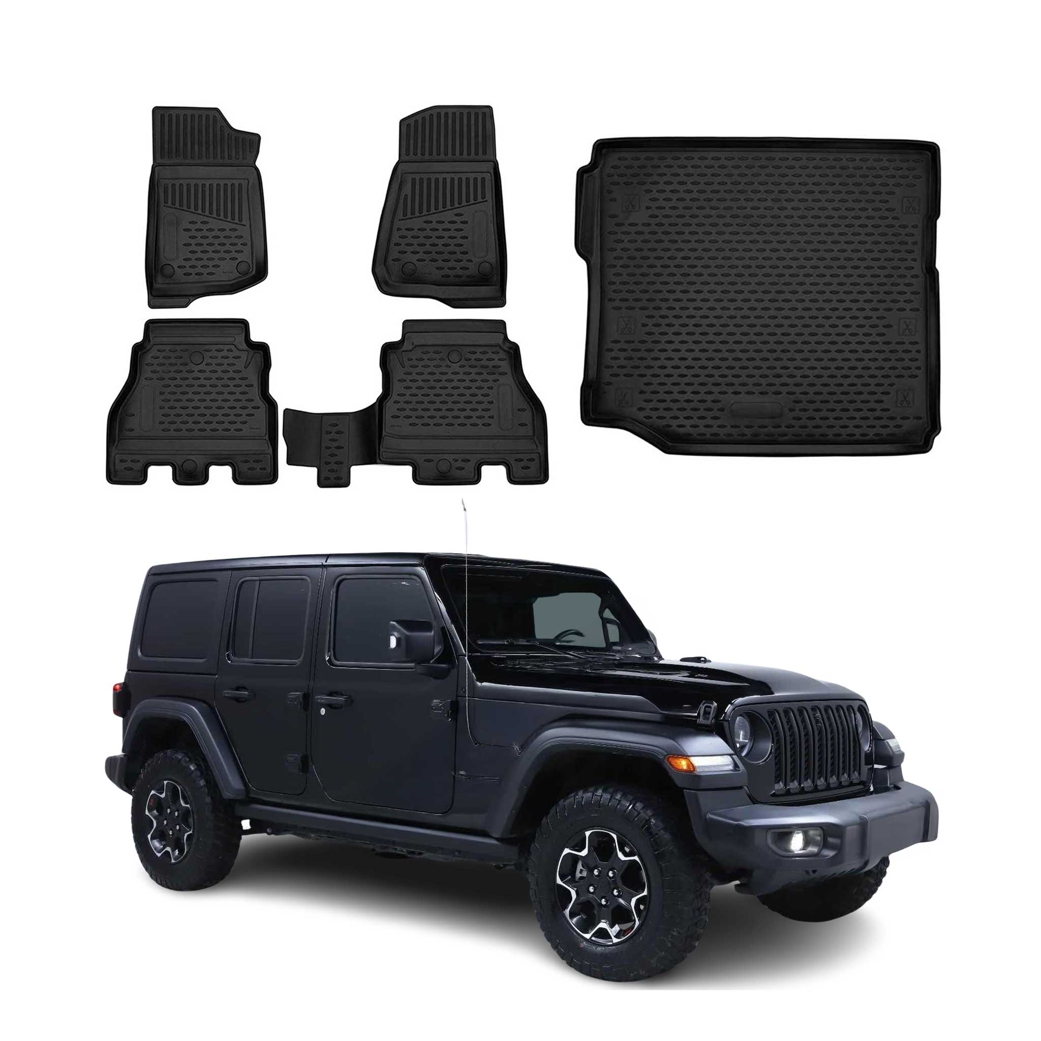 2018-2025 Jeep Wrangler Floor Mats & Cargo Liner Full Set All Weather 4 Door Black