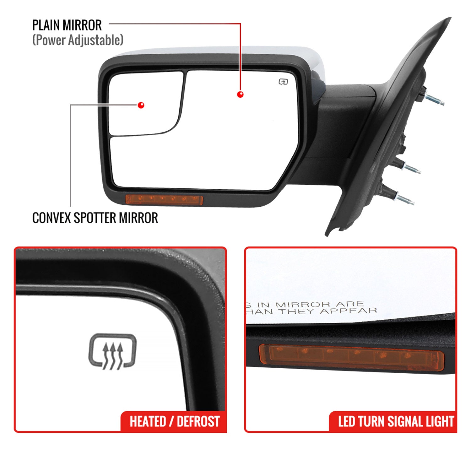 2007-2014 Ford F150 Chrome Heated Side Mirrors LED Turn Signal & Puddle Light