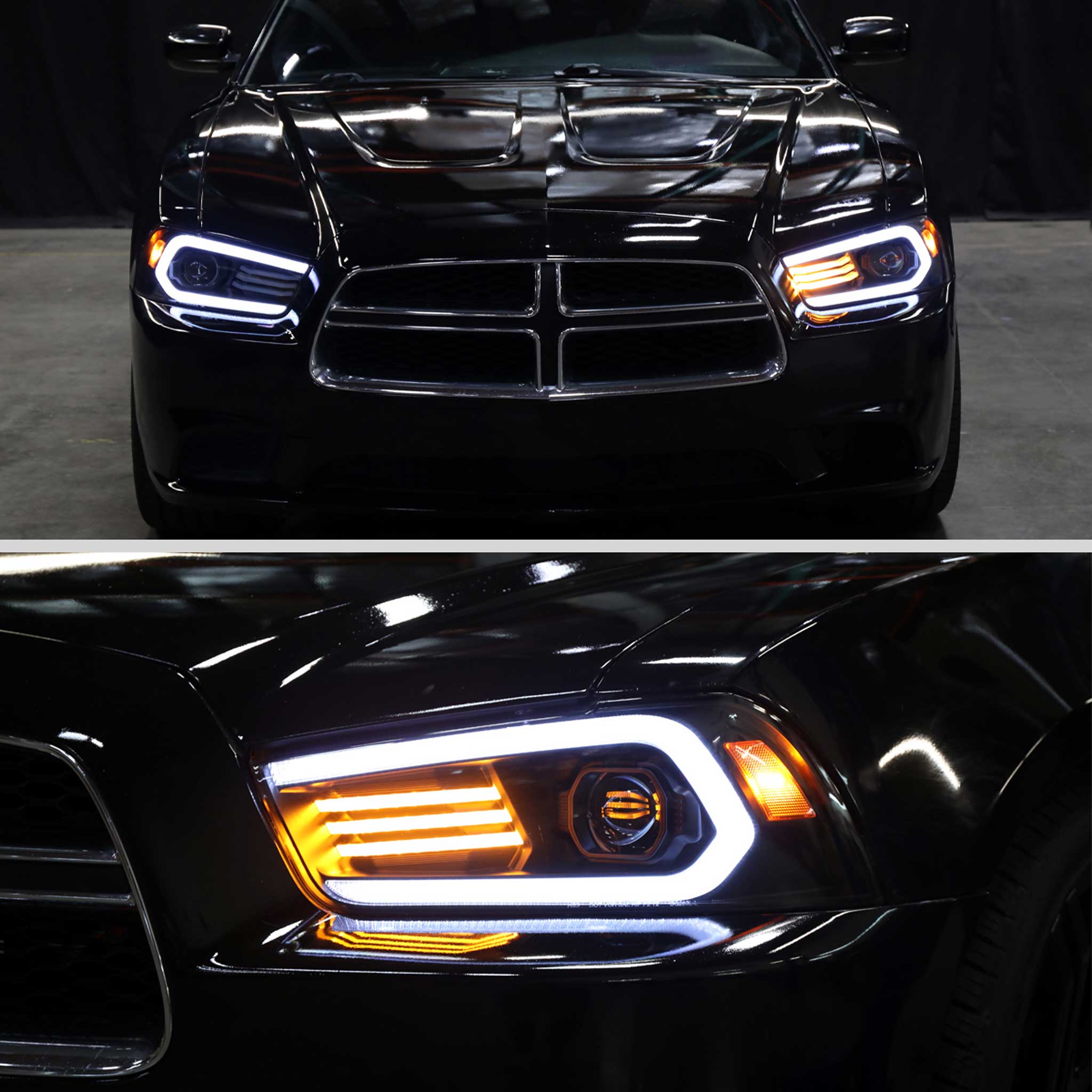 For Dodge Charger 2011-2014 Headlights LED DRL Light Strip Turn Signal Side Marker Black Housing Clear Lens