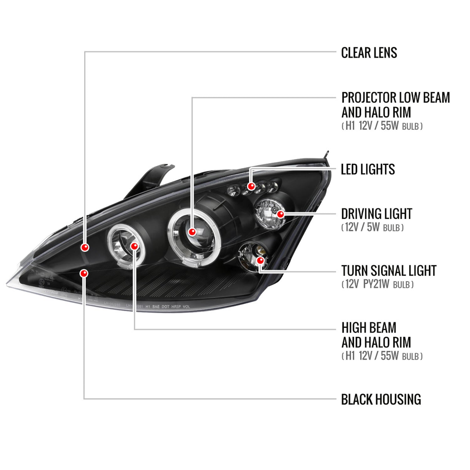 2000-2004 Ford Focus Dual Halo Projector Headlights Matte Black/Clear Lens