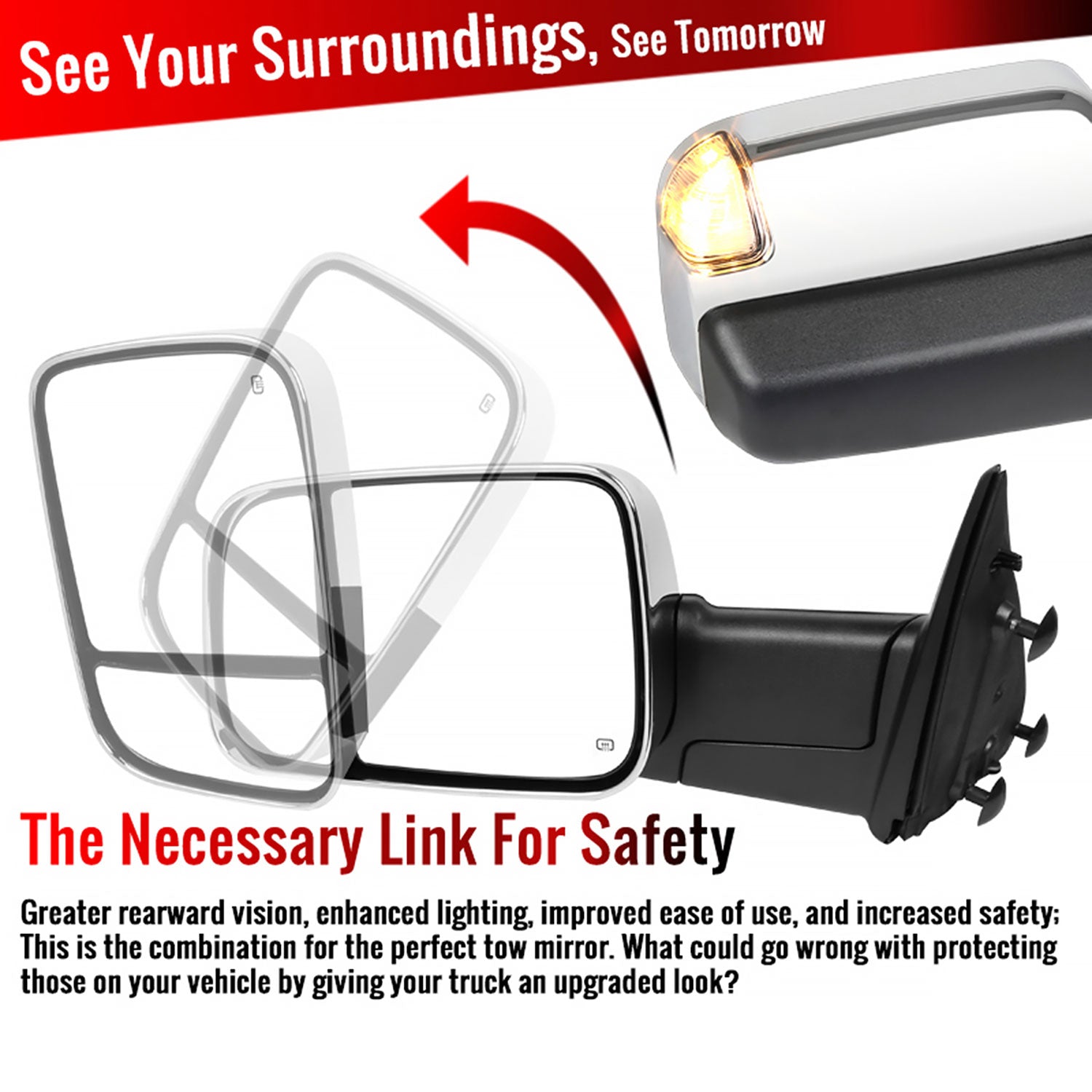 2009-2012 Dodge RAM 1500 Foldable Heated & Manual Chrome Towing Mirrors Clear
