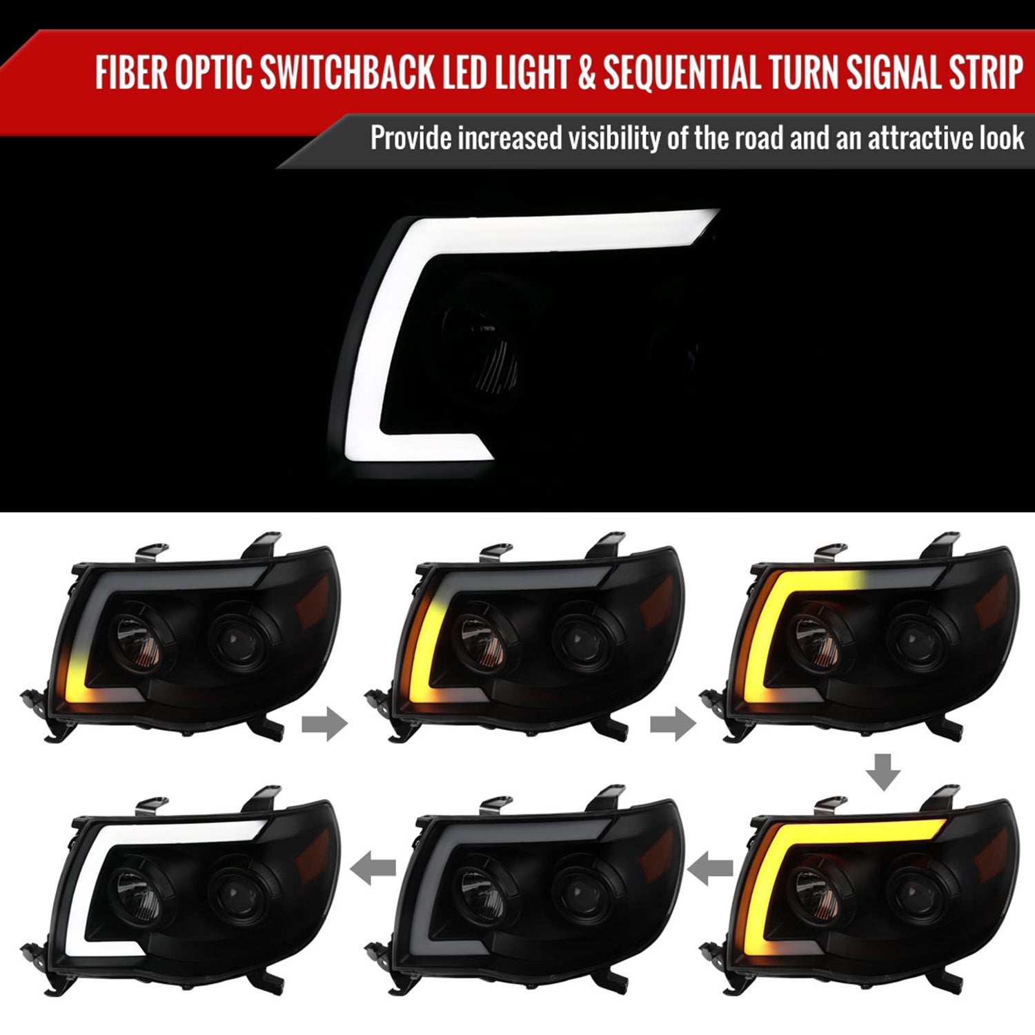 2005-2011 Toyota Tacoma LED Bar Projector Headlights Turn Signal Black Smoke