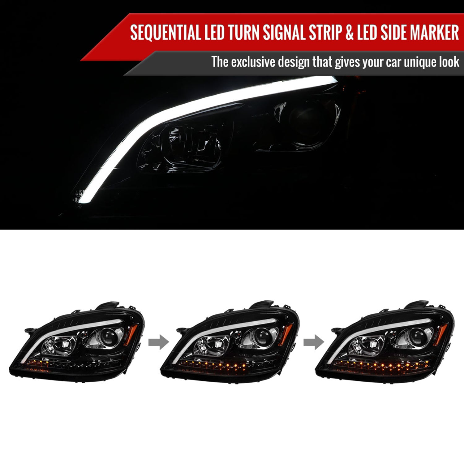 2006-2008 Mercedes W164 ML Class LED Bar Headlights Signal Lights Jet Black