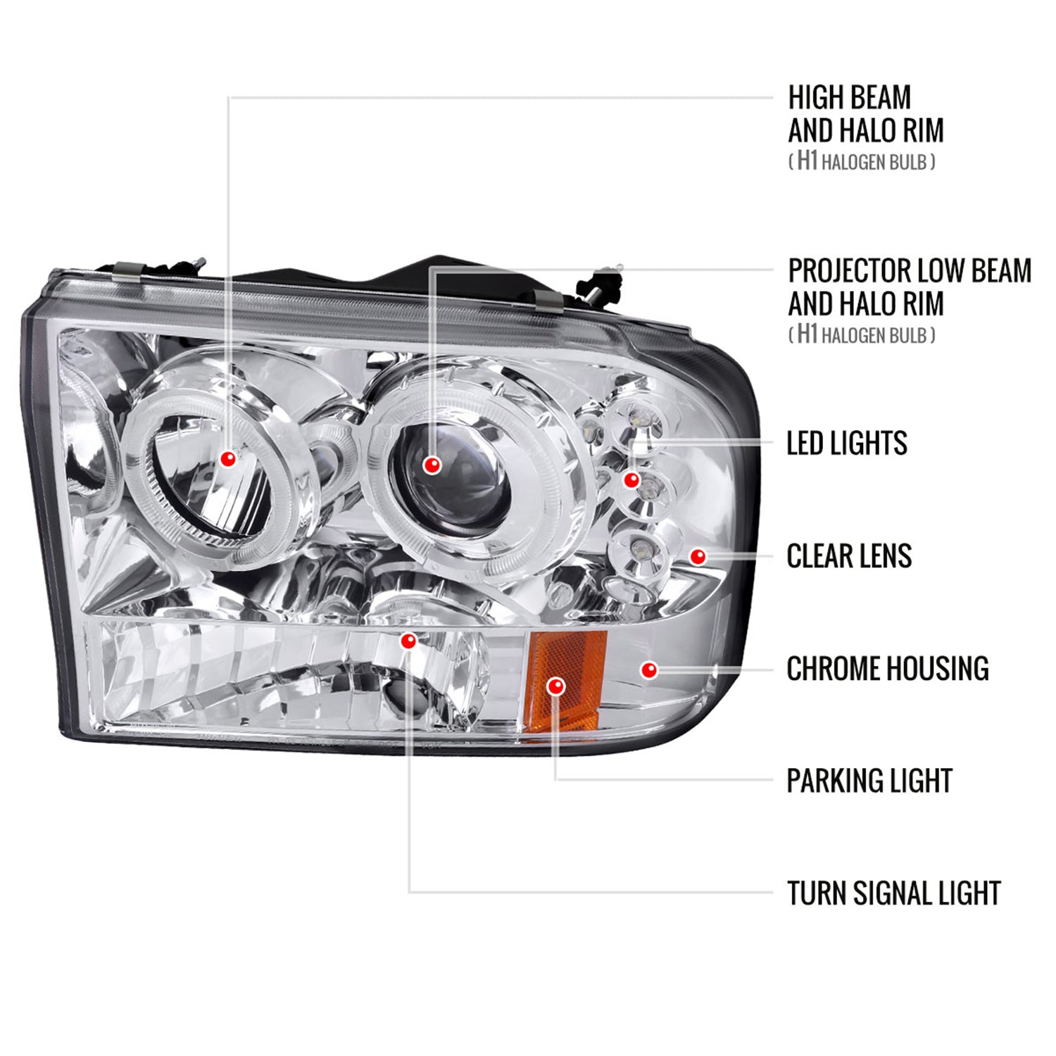 1999-2004 Ford Excursion F-250 F-350 F-450 F-550 Dual Halo Headlights Chrome