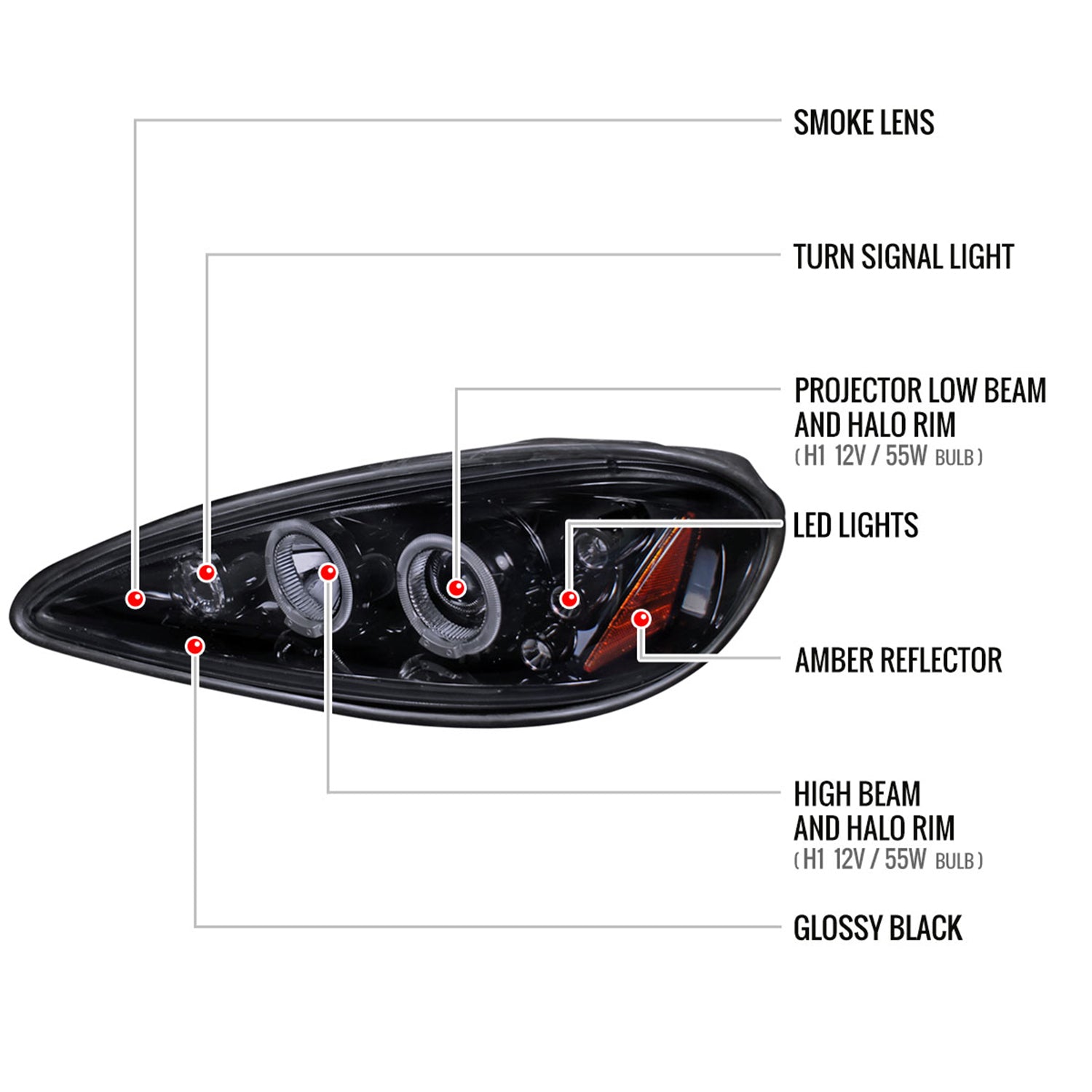 1999-2005 Pontiac Grand AM Dual Halo Projector Headlights Glossy Black/Smoke