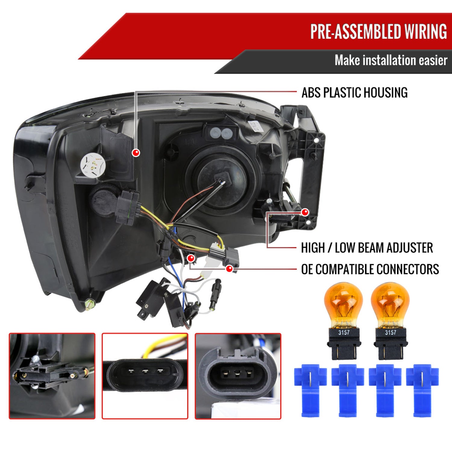 2006-2008 Dodge RAM 1500/ 06-2009 Dodge RAM 2500/3500 LED Tube Headlights Chrome