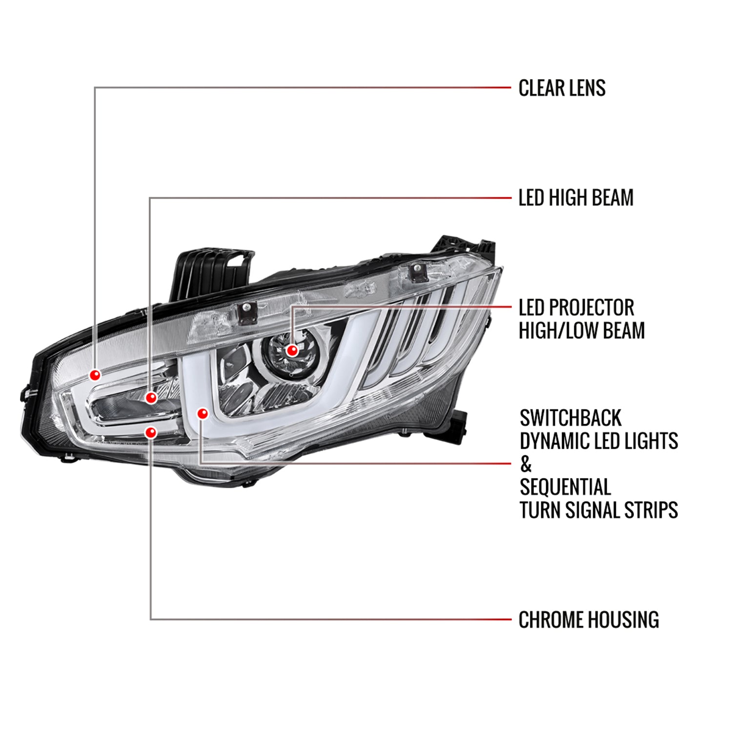 2016-2021 Honda Civic LED Headlights LED Sequential Turn Signal Chrome