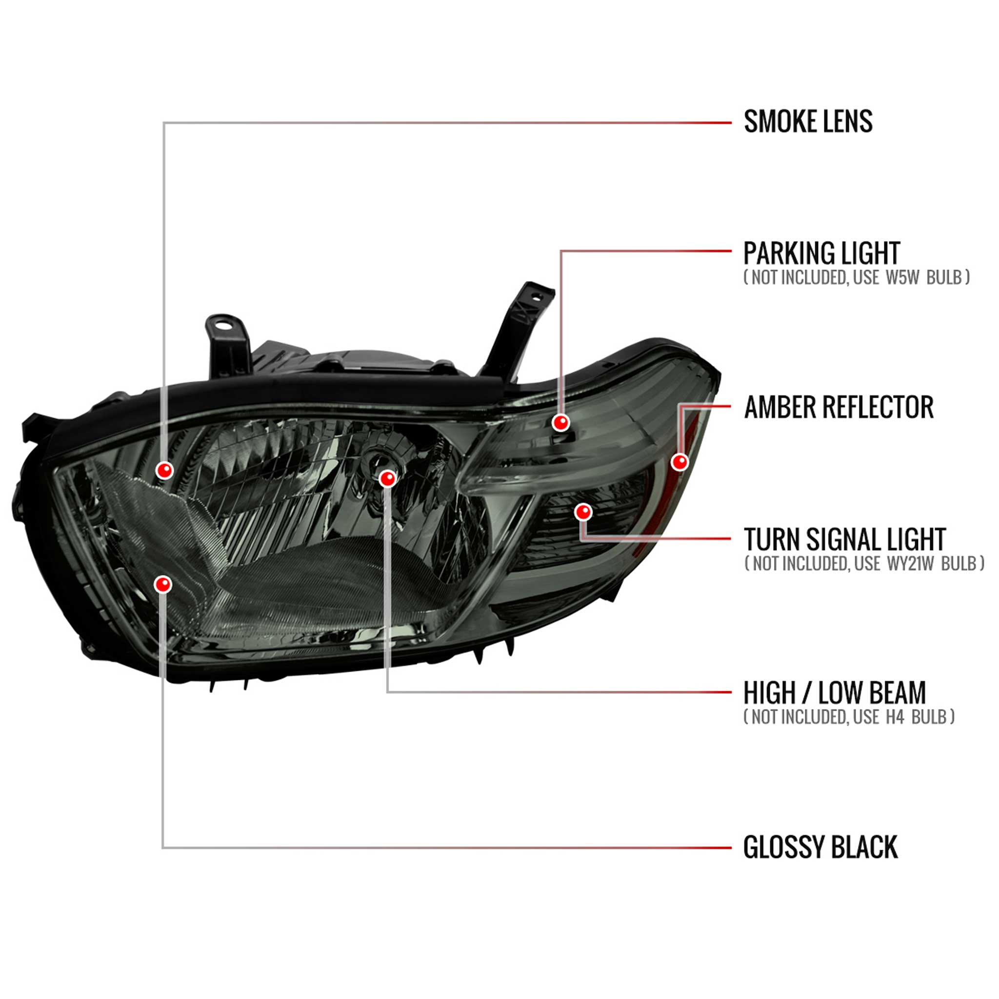 For Toyota Highlander 2008-2010 Factory Halogen Replacement Headlights Chrome Housing Smoked Lens