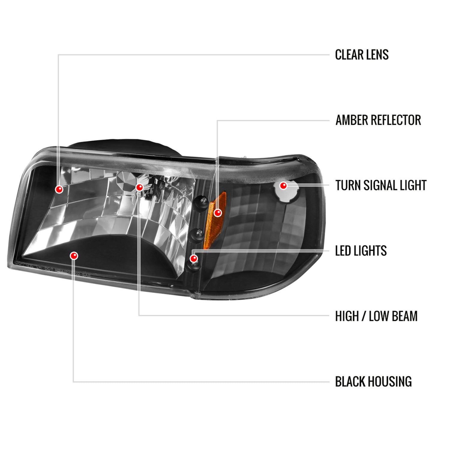 1993-1997 Ford Ranger Factory V2 Headlights w/Corner Lights Matt Black/Clear