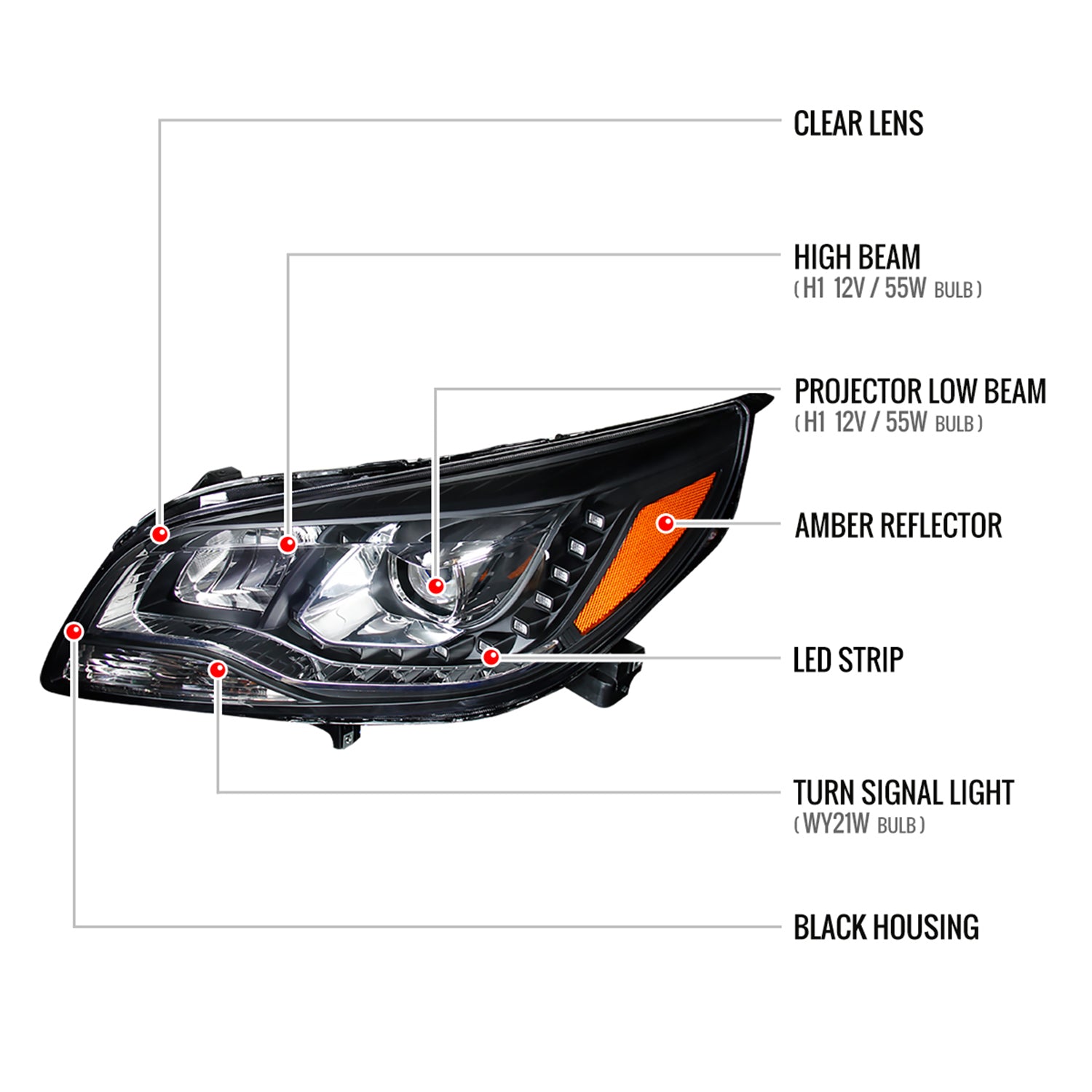 2013-2015 Chevy Malibu Projector Headlights Matte Black Housing/Clear Lens