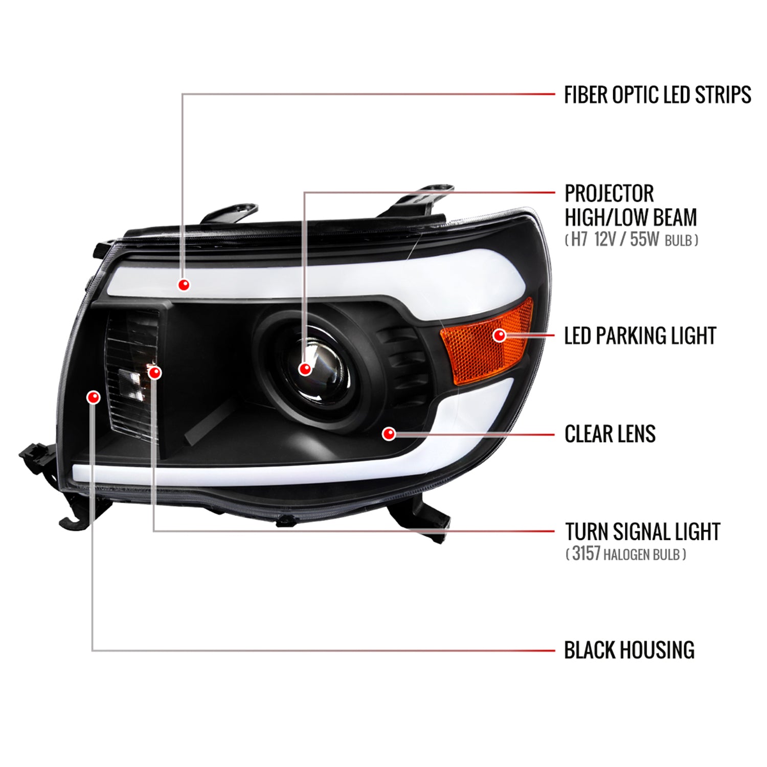 2005-2011 Toyota Tacoma LED Bar Projector Headlights Matte Black/Clear Lens