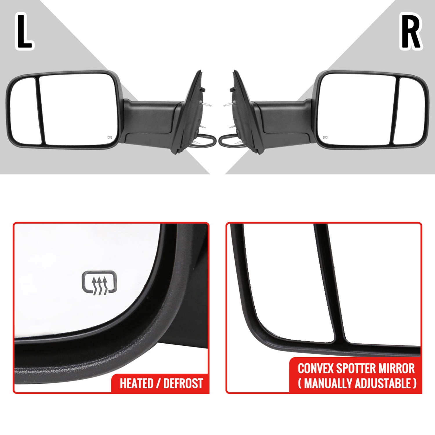 2013-2017 Dodge RAM 1500/2500/3500 Auto-Fold Heated ATS & Manual Side Mirrors