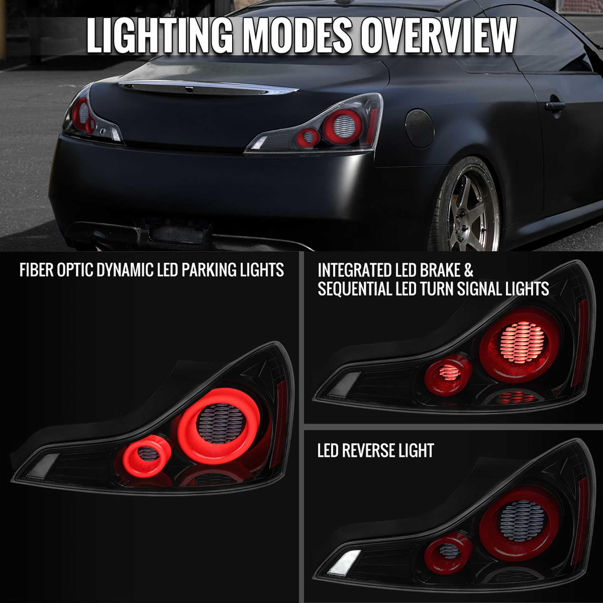 For Infiniti G37 2008-13 / Q60 Coupe 2014-15 LED Tail Lights Sequential Turn Signal Black Housing Clear Lens Switchback