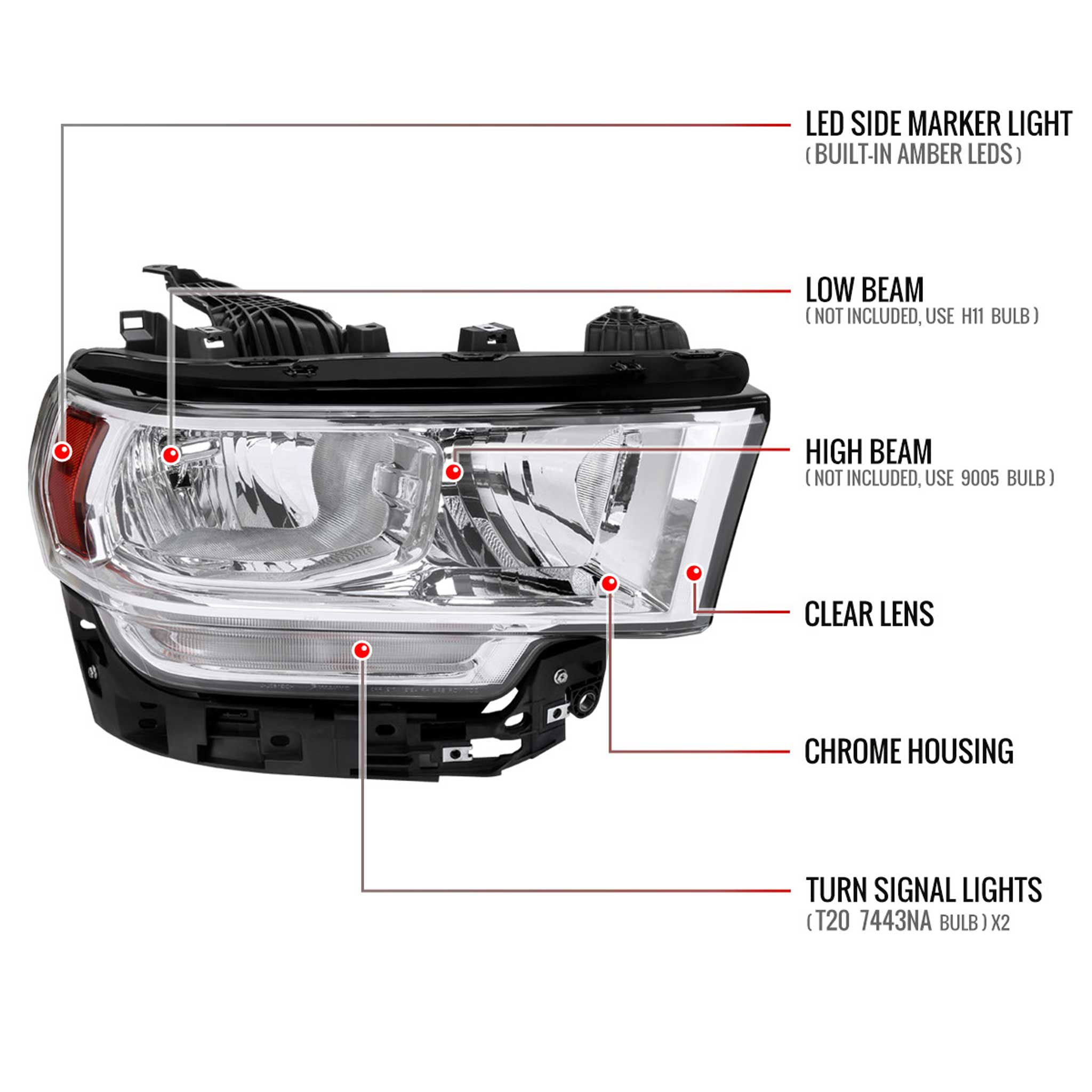 For Dodge RAM 2500 3500 2019-2024 Factory Style Crystal Headlight Passenger Side Only Chrome Housing Clear Lens