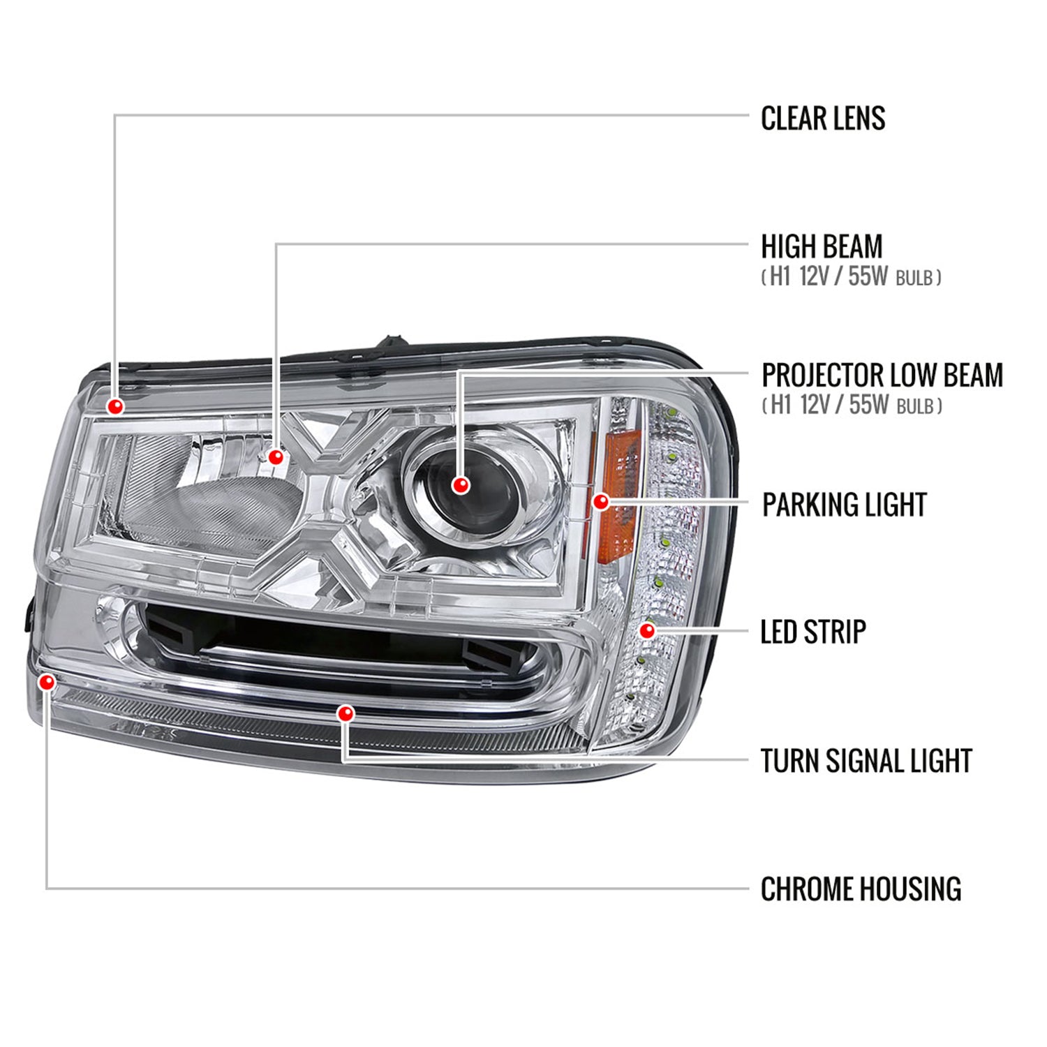 2002-2009 Chevy Trailblazer Projector Headlights LED Light Strip Chrome/Clear