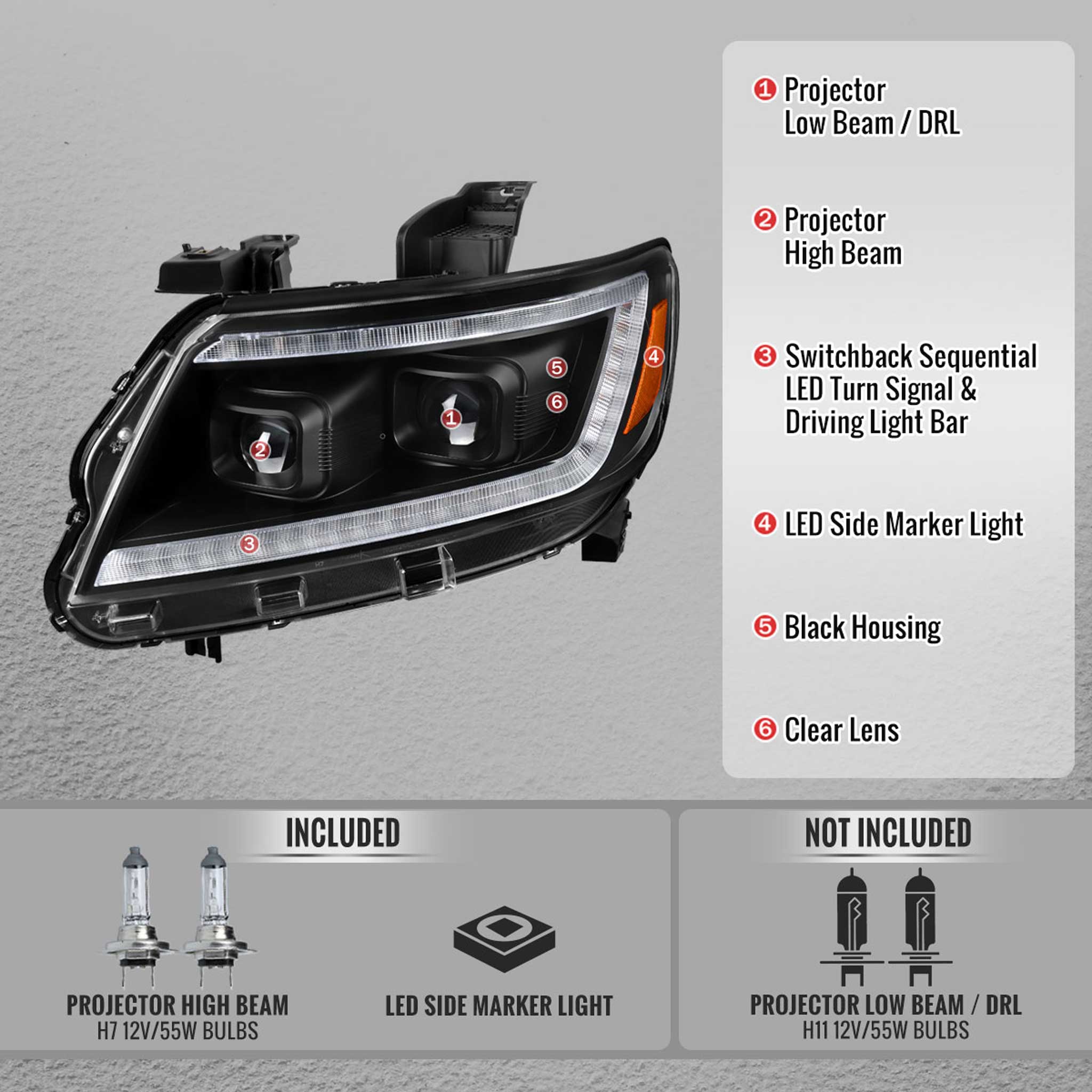 For Chevrolet Colorado 2015-2022 Headlights LED DRL Light Strip Turn Signal Side Marker Black Housing Clear Lens
