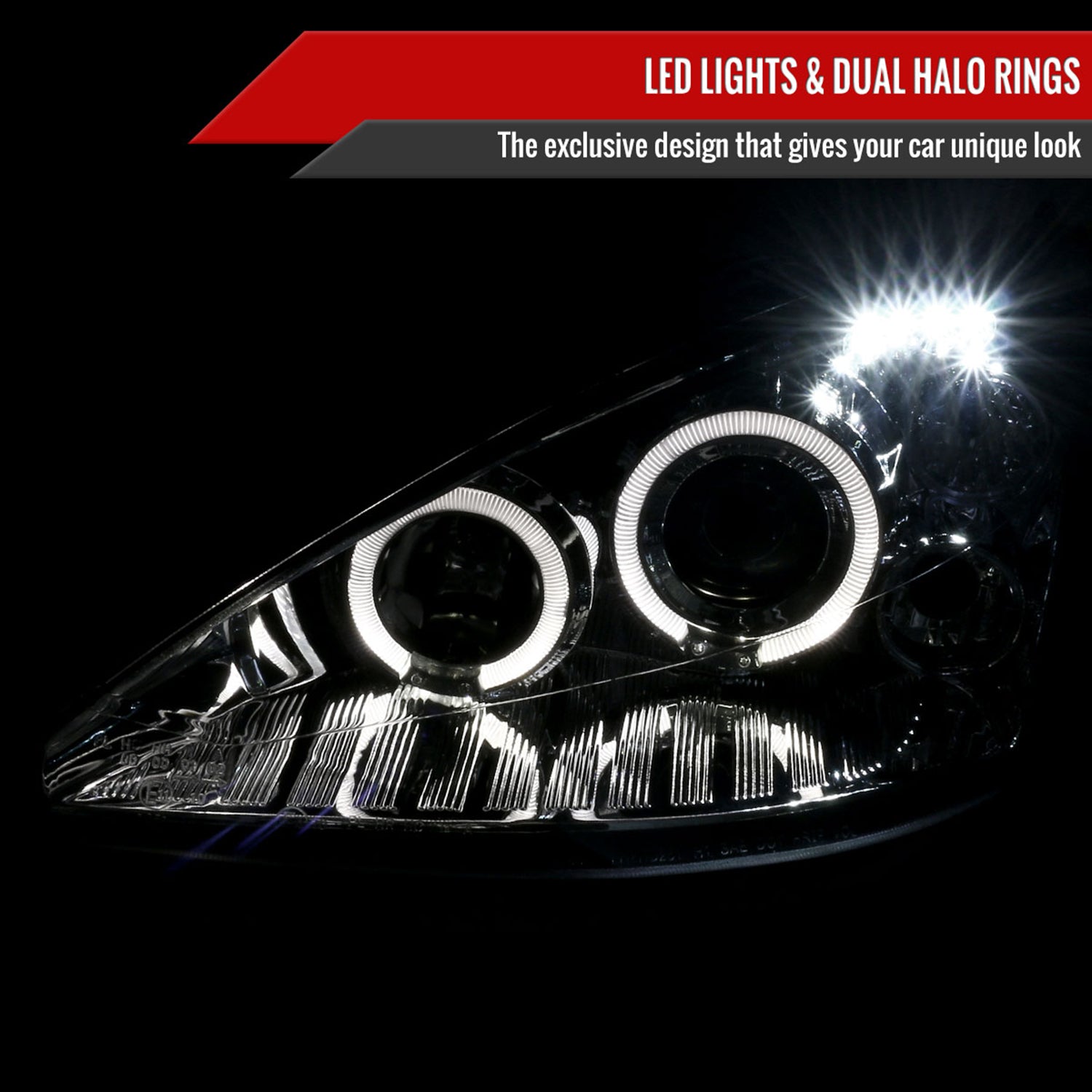 2000-2004 Ford Focus Dual Halo Projector Headlights Chrome/Clear Lens
