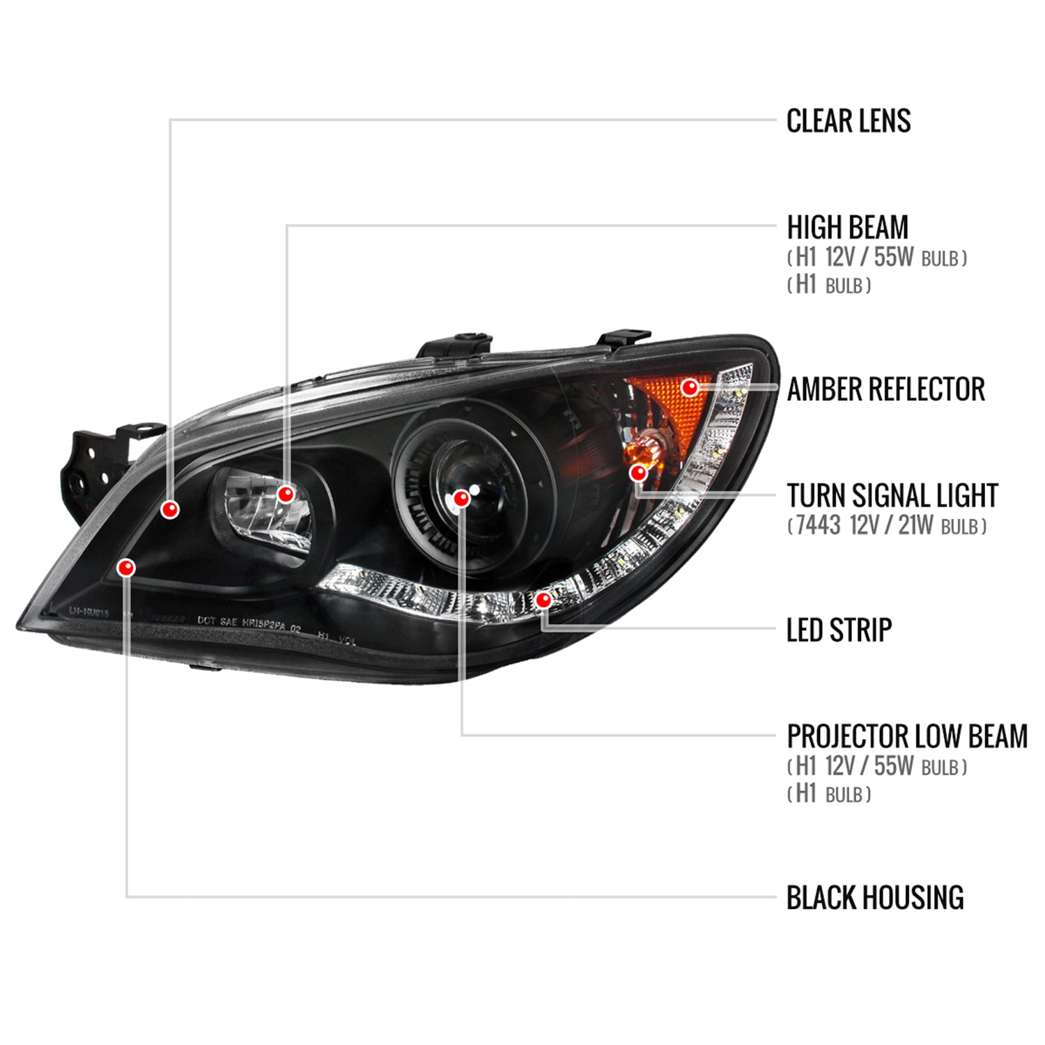 2006-2007 Subaru Impreza WRX/STI Projector Headlights LED Light Strip Black