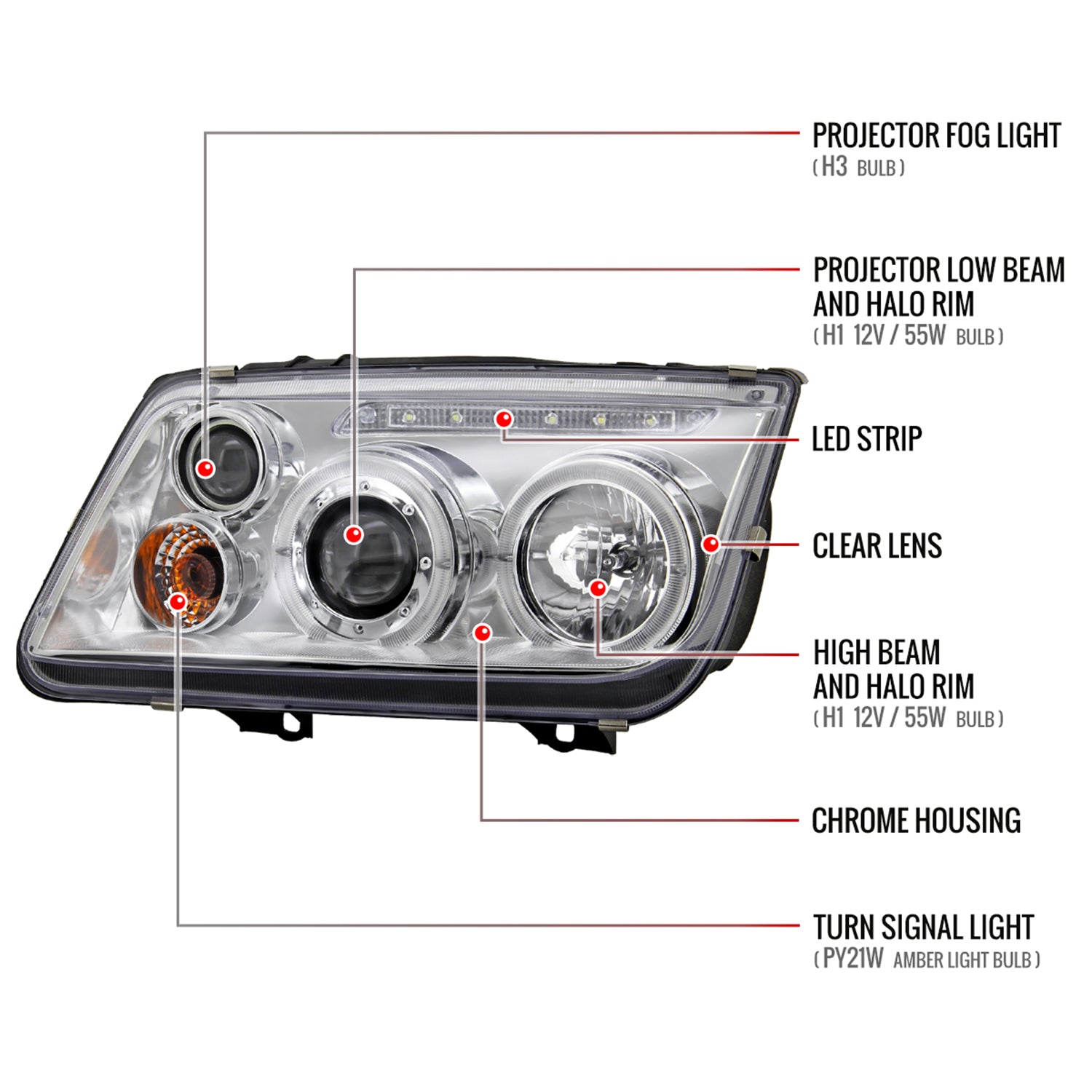 1999-2005 VW Jetta/Bora Mk4 Dual Halo Projector Headlights LED Light Chrome