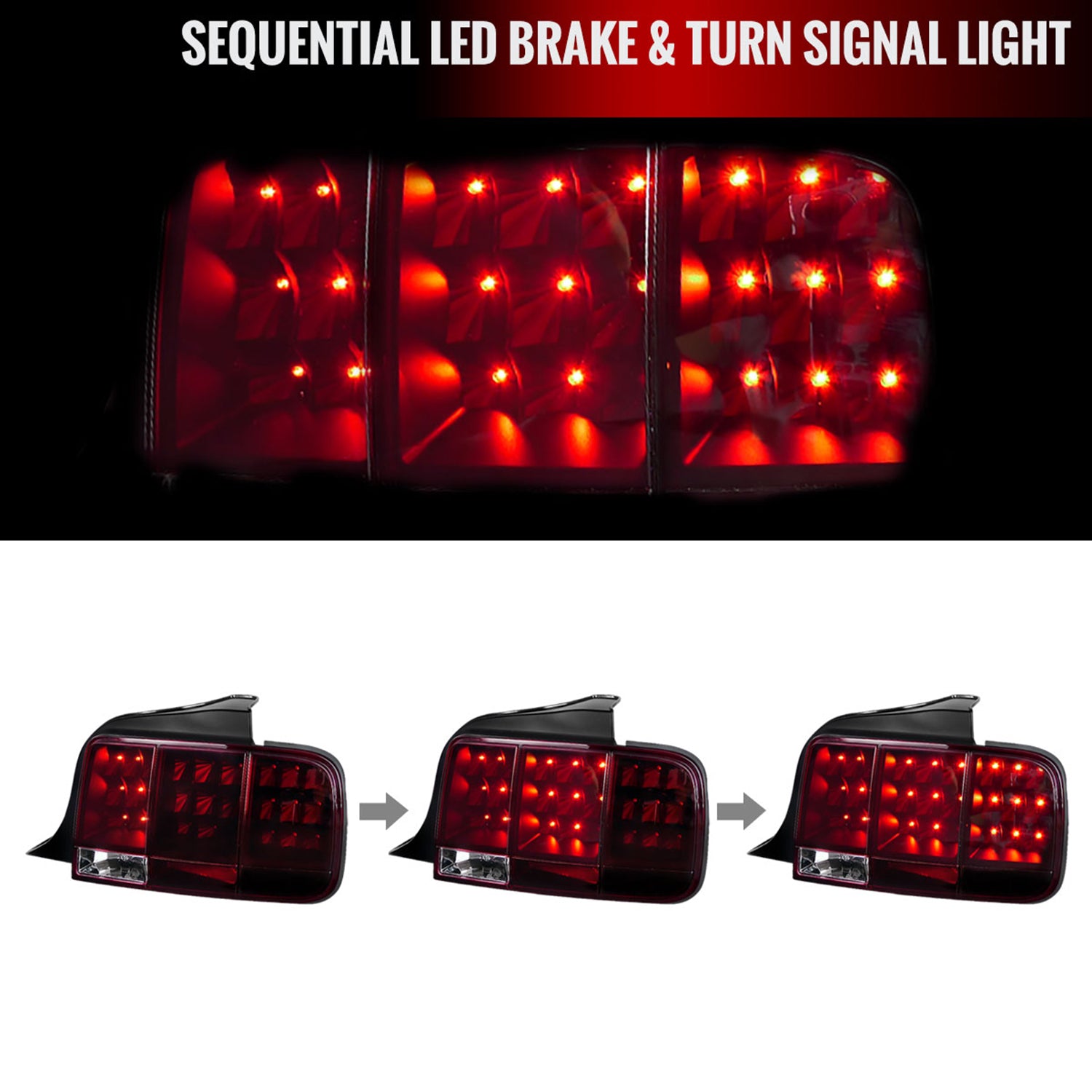 2005-2009 Ford Mustang Sequential LED Tail Lights Chrome/Red Smoke Lens