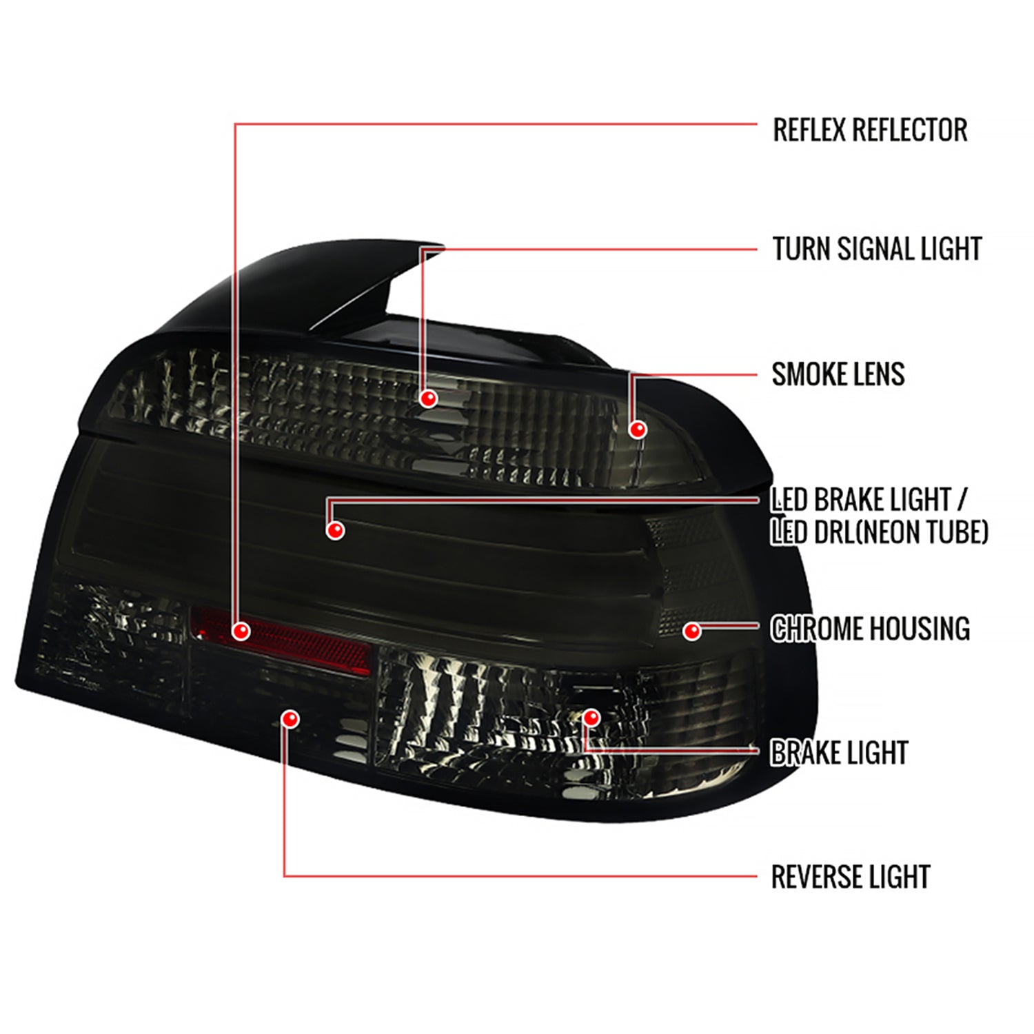 1997-2000 BMW E39 5 Series Sedan LED Tail Lights Chrome Housing/Smoke Lens