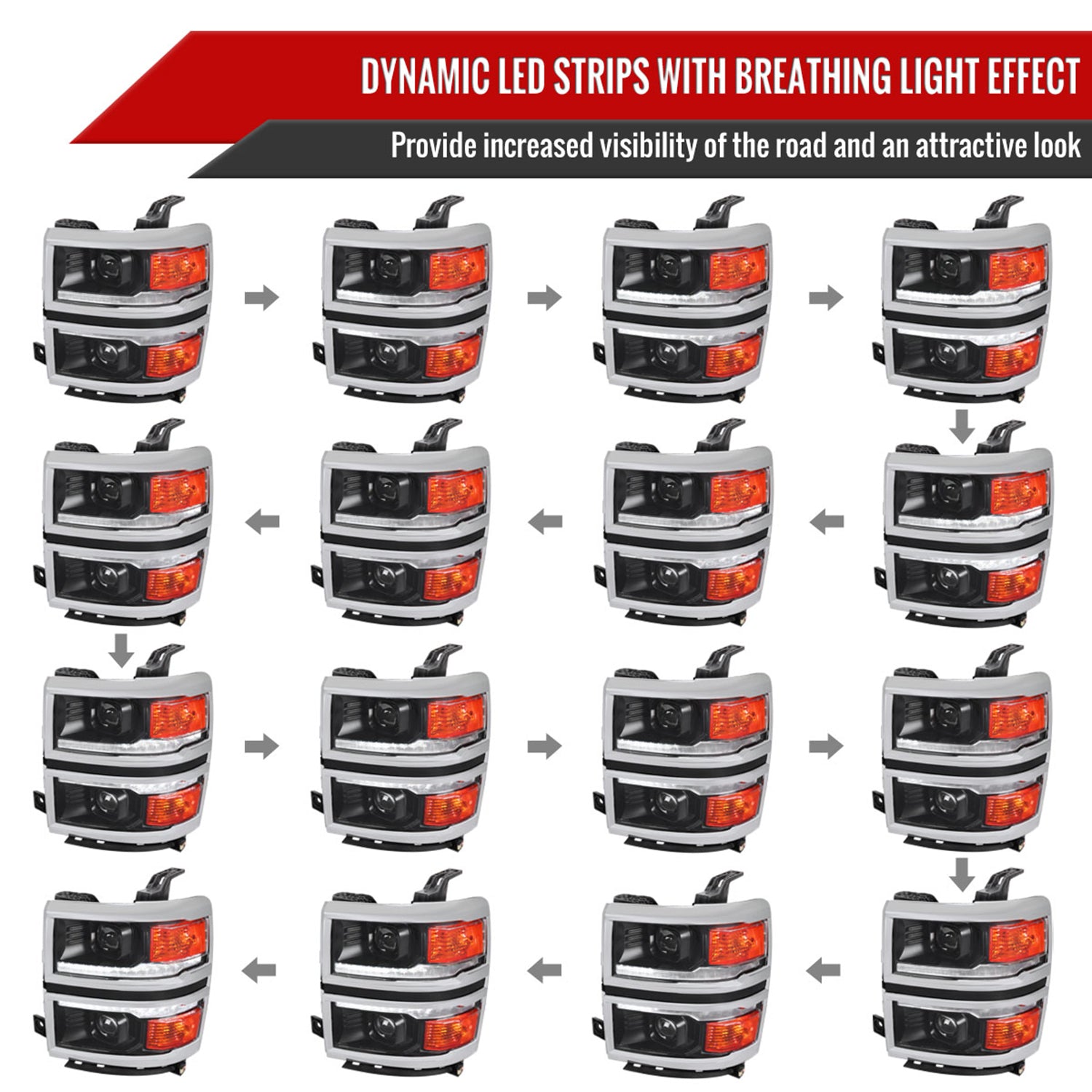 2014-2015 Chevy Silverado 1500 LED Bar Projector Headlights Black/Chrome Trim