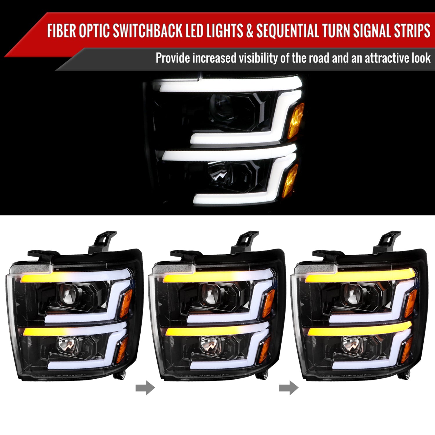 2015-2019 Chevy Silverado 2500HD/3500HD LED Signal Projector Headlights Black