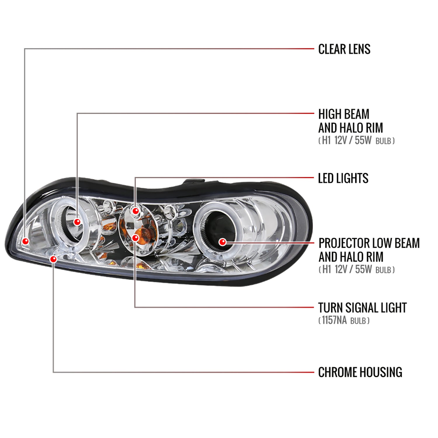 1997-2005 Chevy Malibu/ Oldsmobile Dual Halo Headlights Chrome