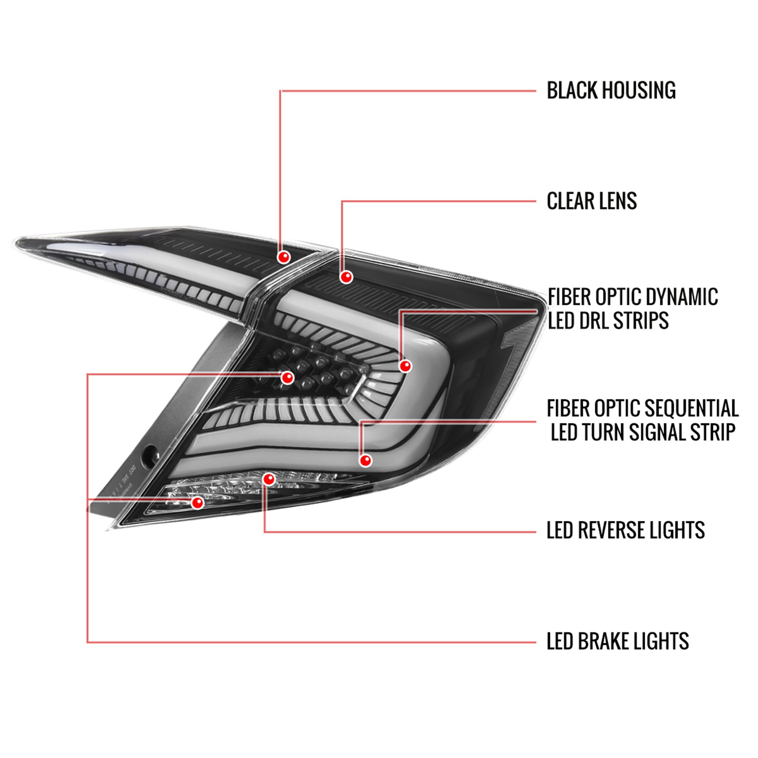 2016-2021 Honda Civic Sedan LED Tail Lights Signal Lamps Matt Black/Clear Lens