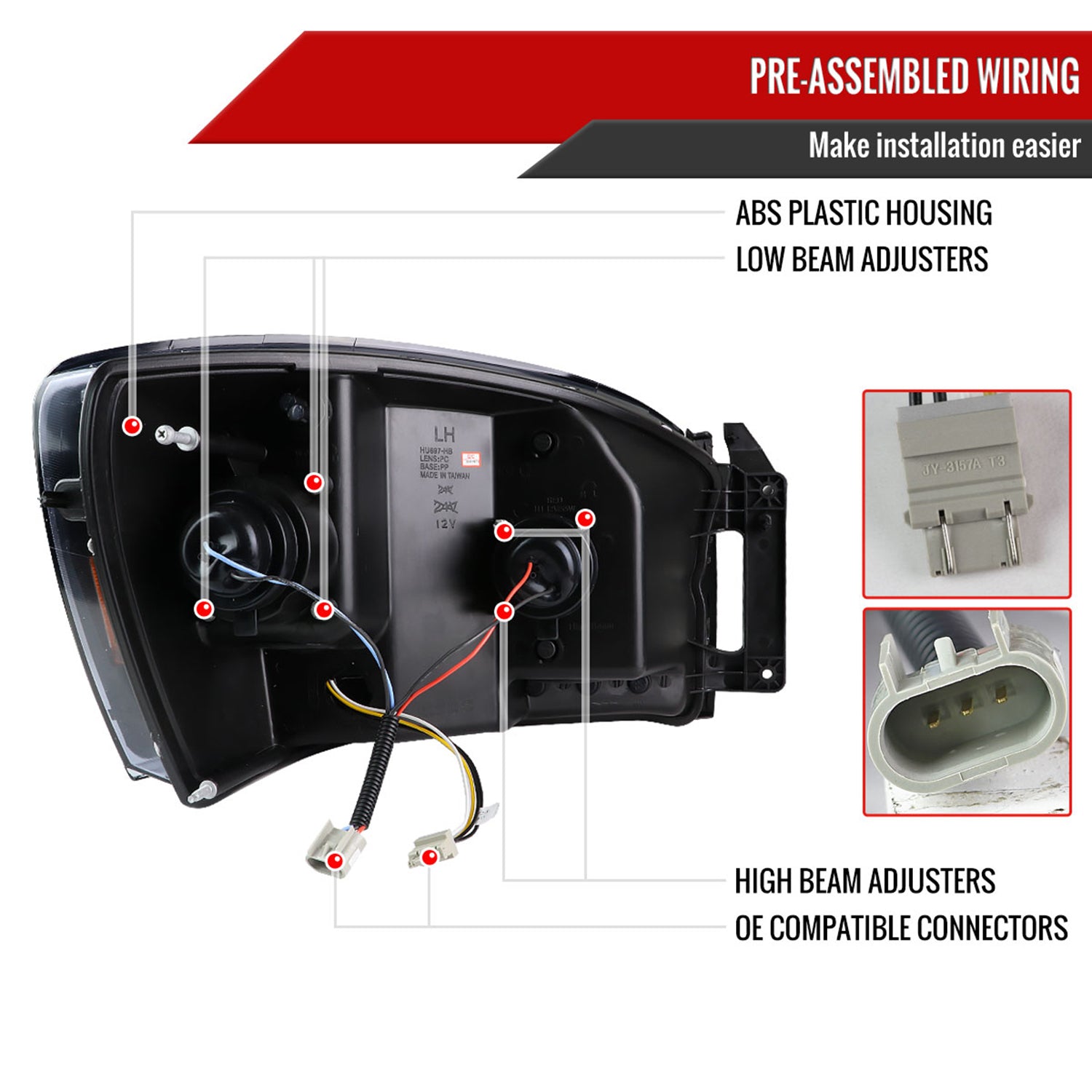 2006-2008 Dodge RAM 1500/ 06-2009 2500 3500 LED Projector Headlights Jet Black