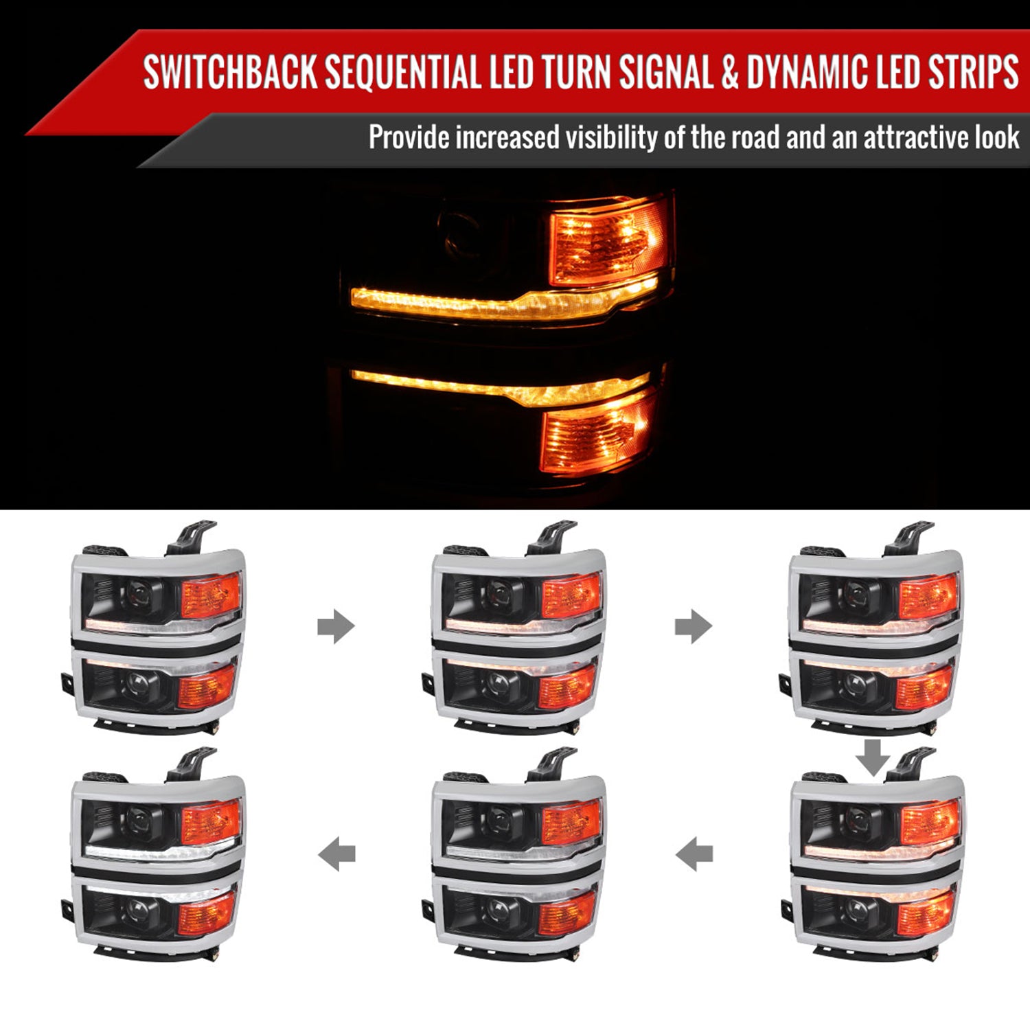 2014-2015 Chevy Silverado 1500 LED Bar Projector Headlights Black/Chrome Trim