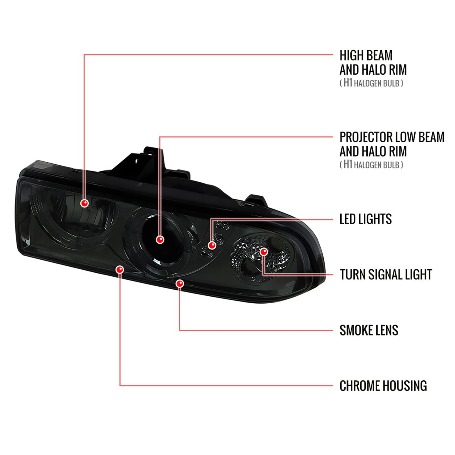 1998-2004 Chevy S10 Dual Halo Projector Headlights Chrome Housing/Smoke Lens