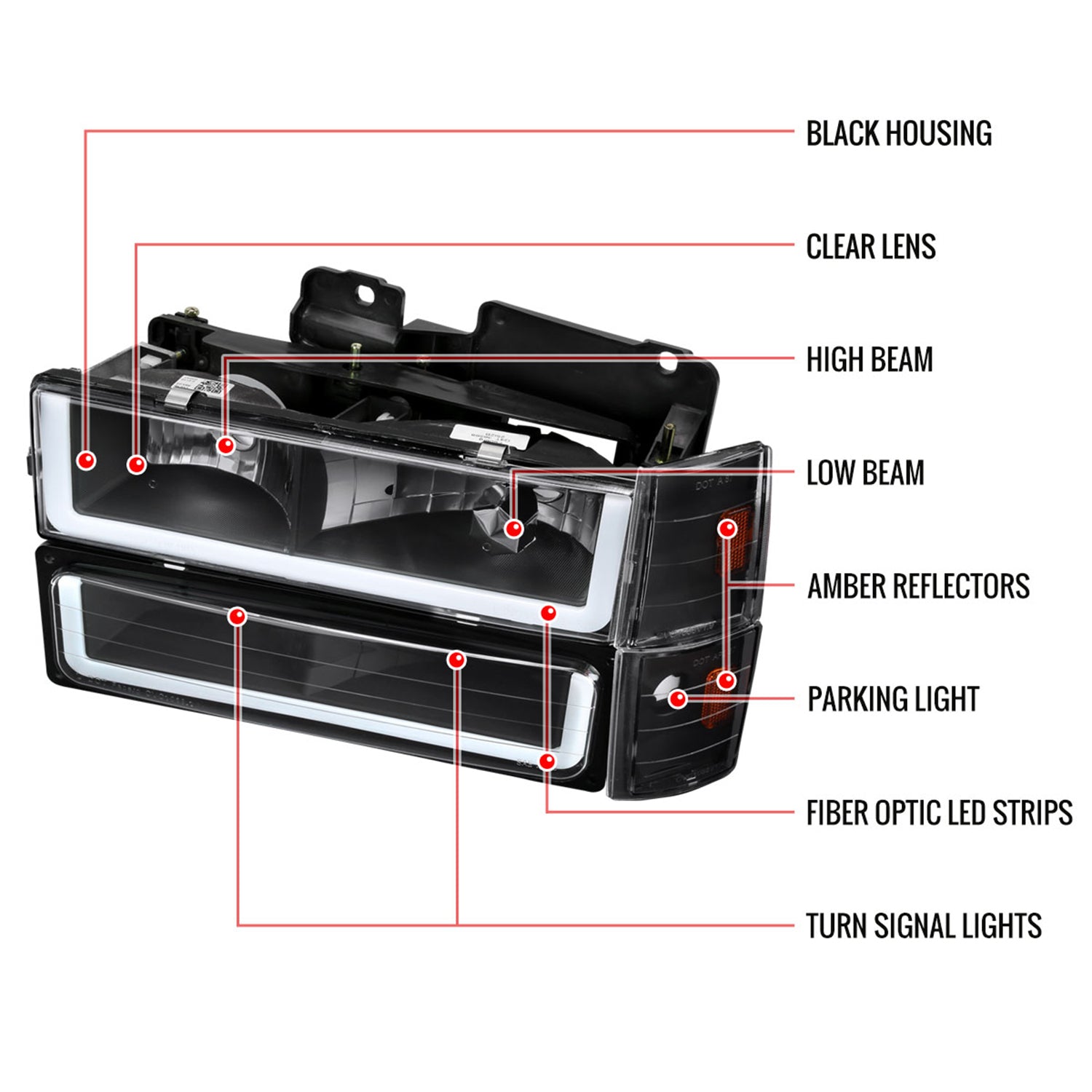 1988-1993 Chevy C10 C/K Sierra Tahoe LED Tube Headlights &Corner Lights Black