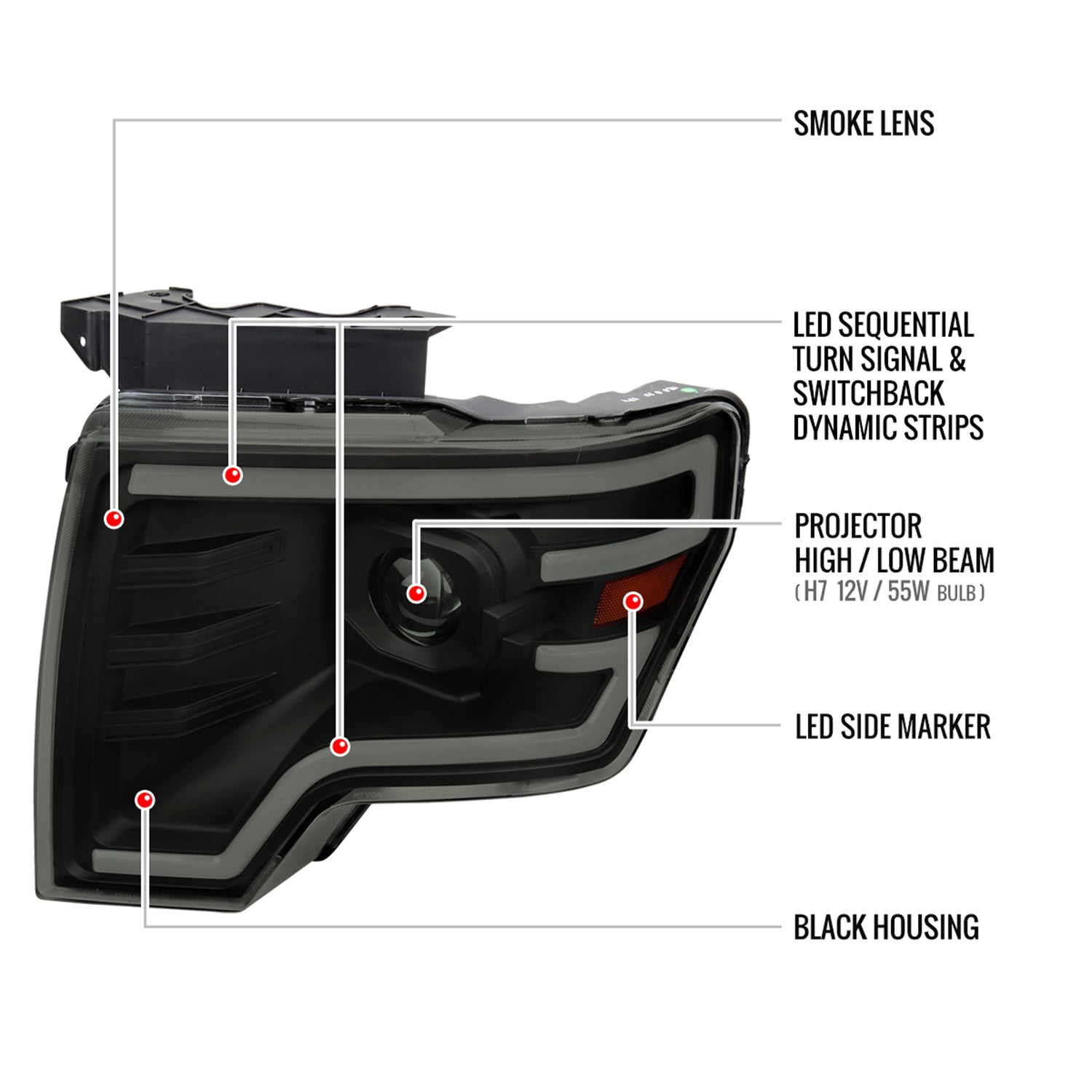 2009-2014 Ford F-150 Sequential LED Turn Signal Projector Headlights Smoke