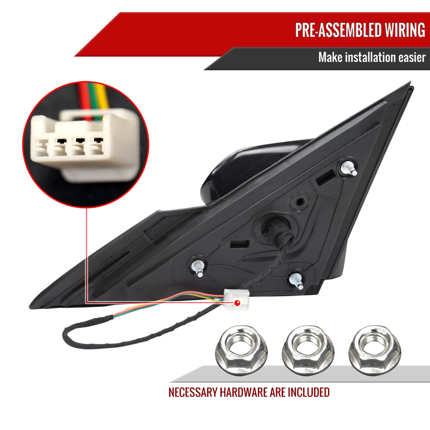 2016-2020 Honda Civic Passenger/Right 3Pin Glossy Black Adjustable Side Mirror